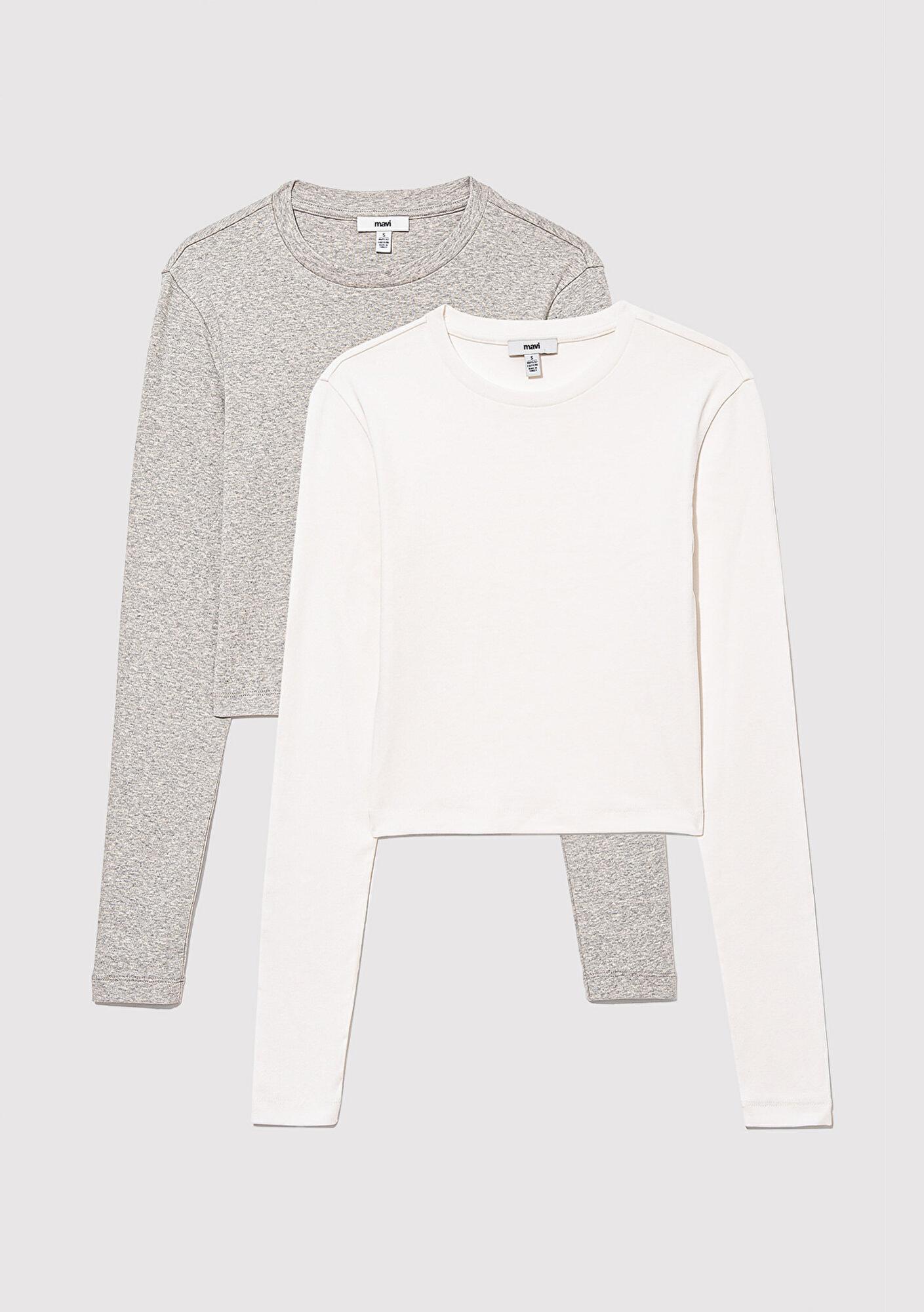 Mavi 2li Uzun Kollu Crop Basic Tişört Fitted / Vücuda Oturan Kesim 1613021-88467