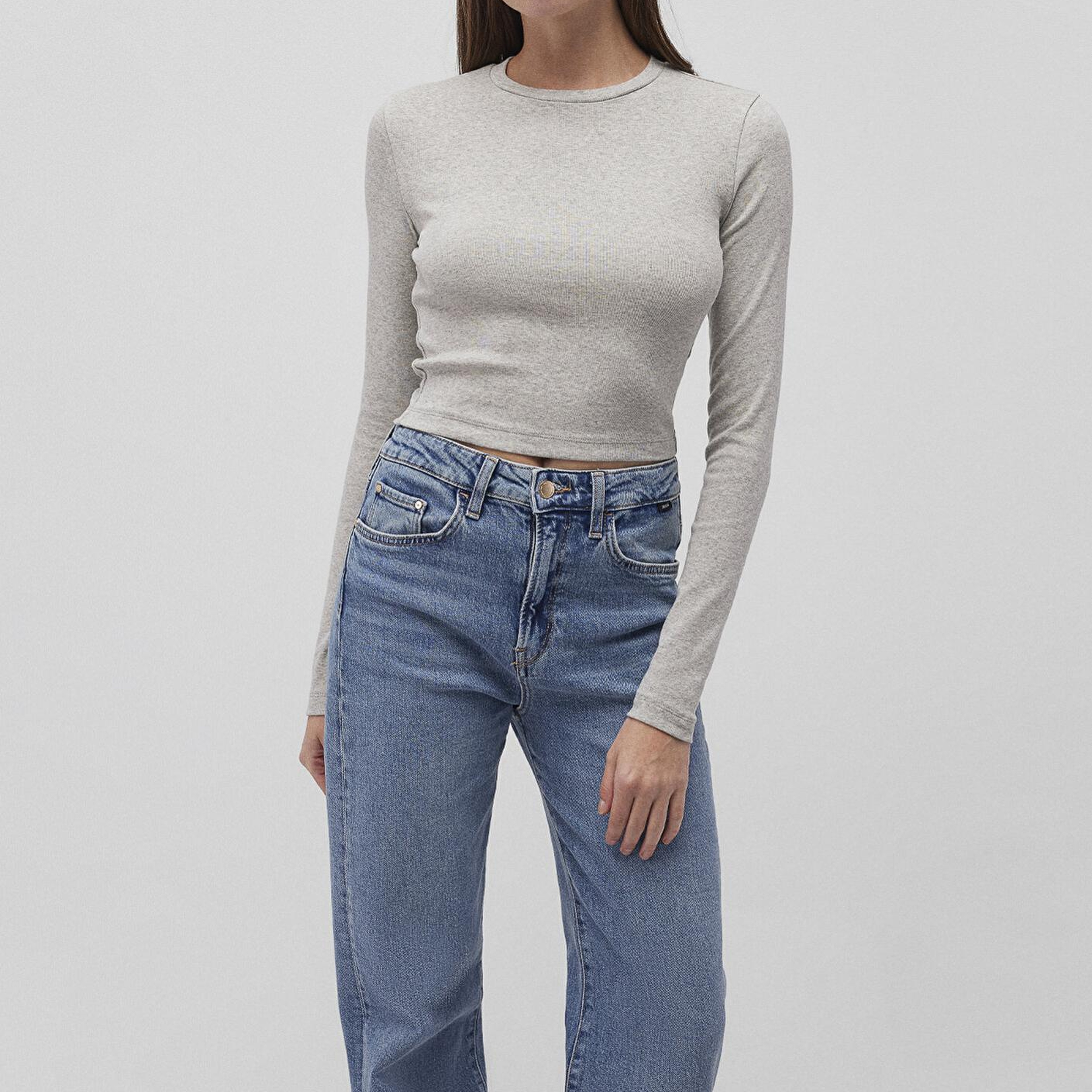 Mavi 2li Uzun Kollu Crop Basic Tişört Fitted / Vücuda Oturan Kesim 1613021-88467