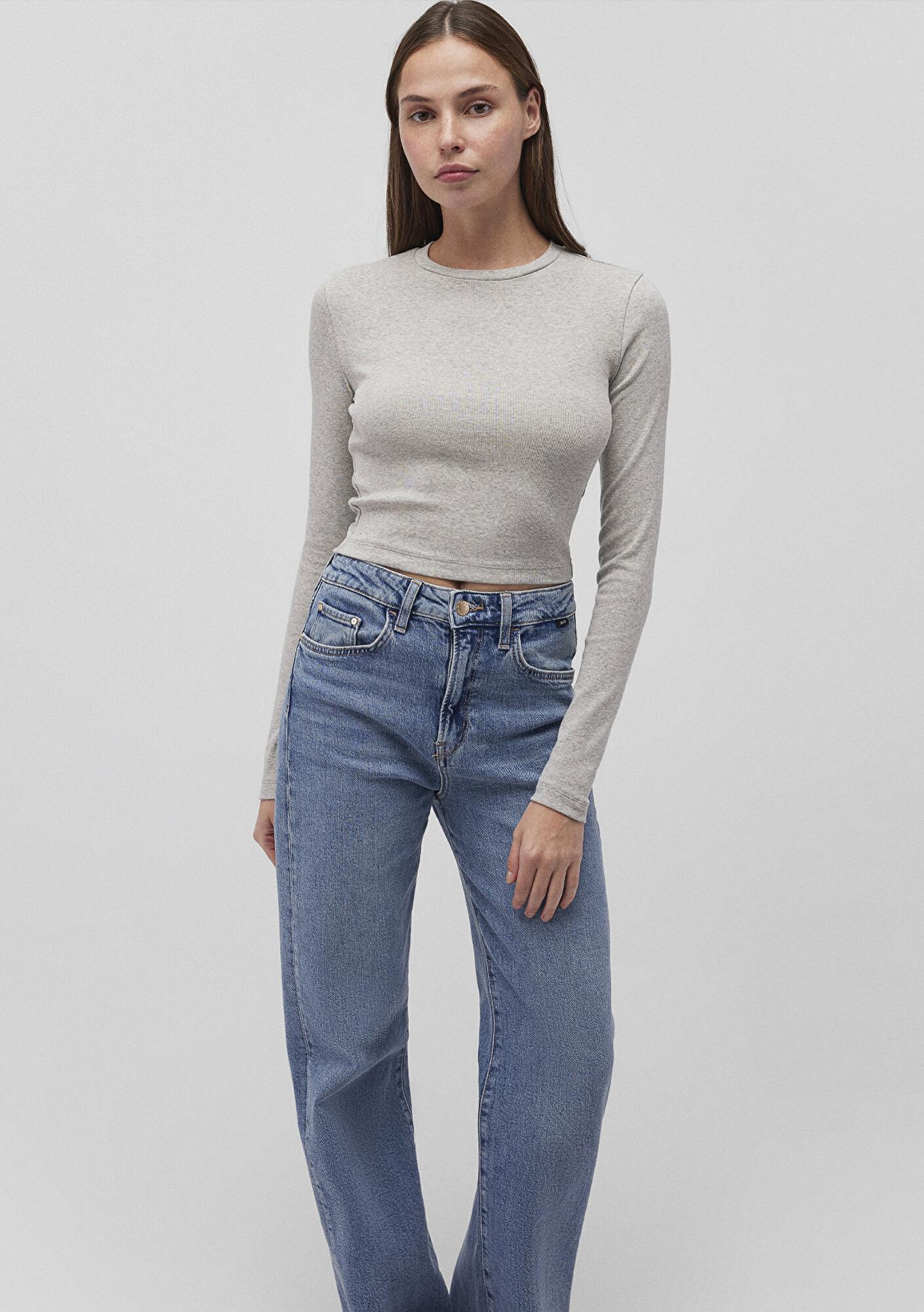 Mavi 2li Uzun Kollu Crop Basic Tişört Fitted / Vücuda Oturan Kesim 1613021-88467