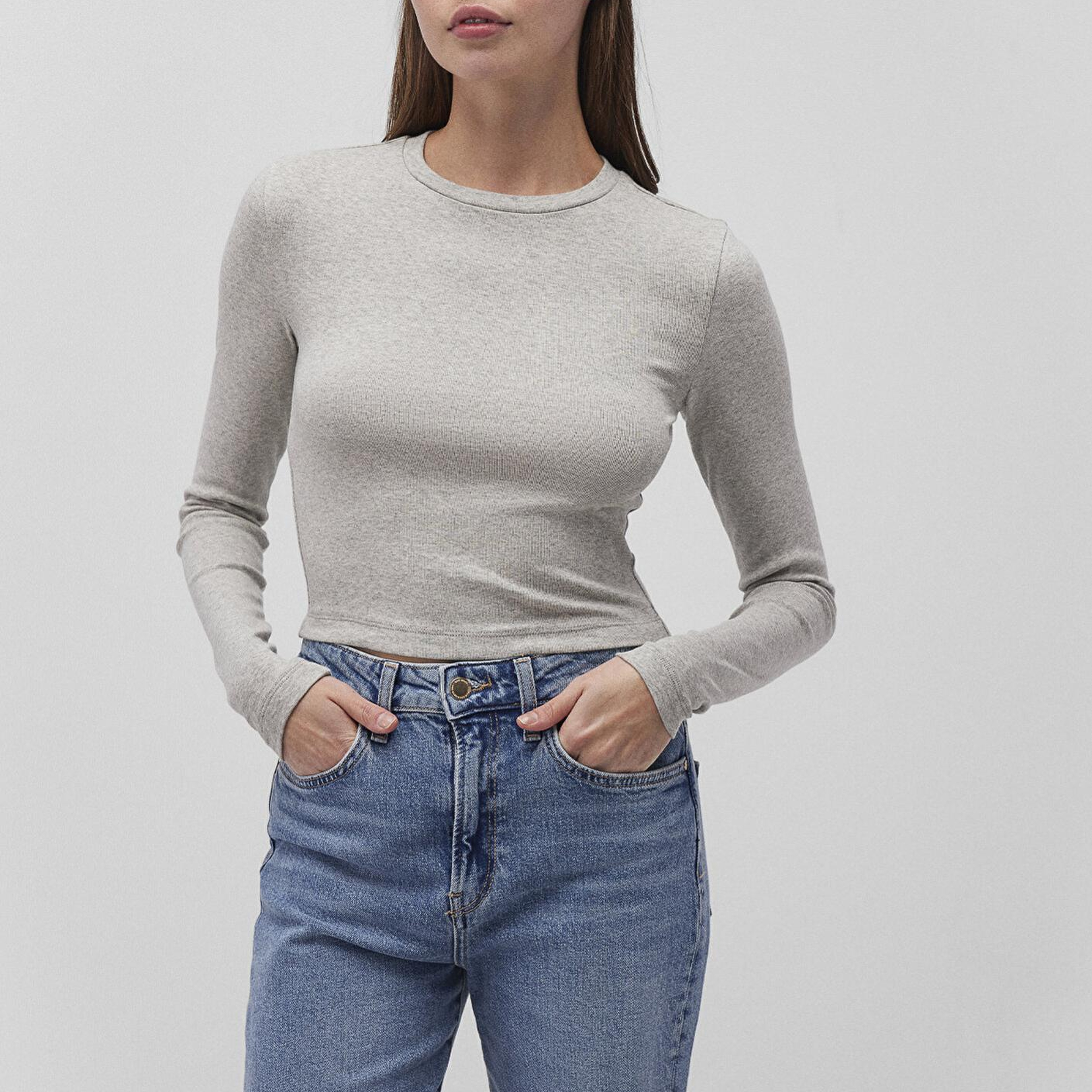 Mavi 2li Uzun Kollu Crop Basic Tişört Fitted / Vücuda Oturan Kesim 1613021-88467