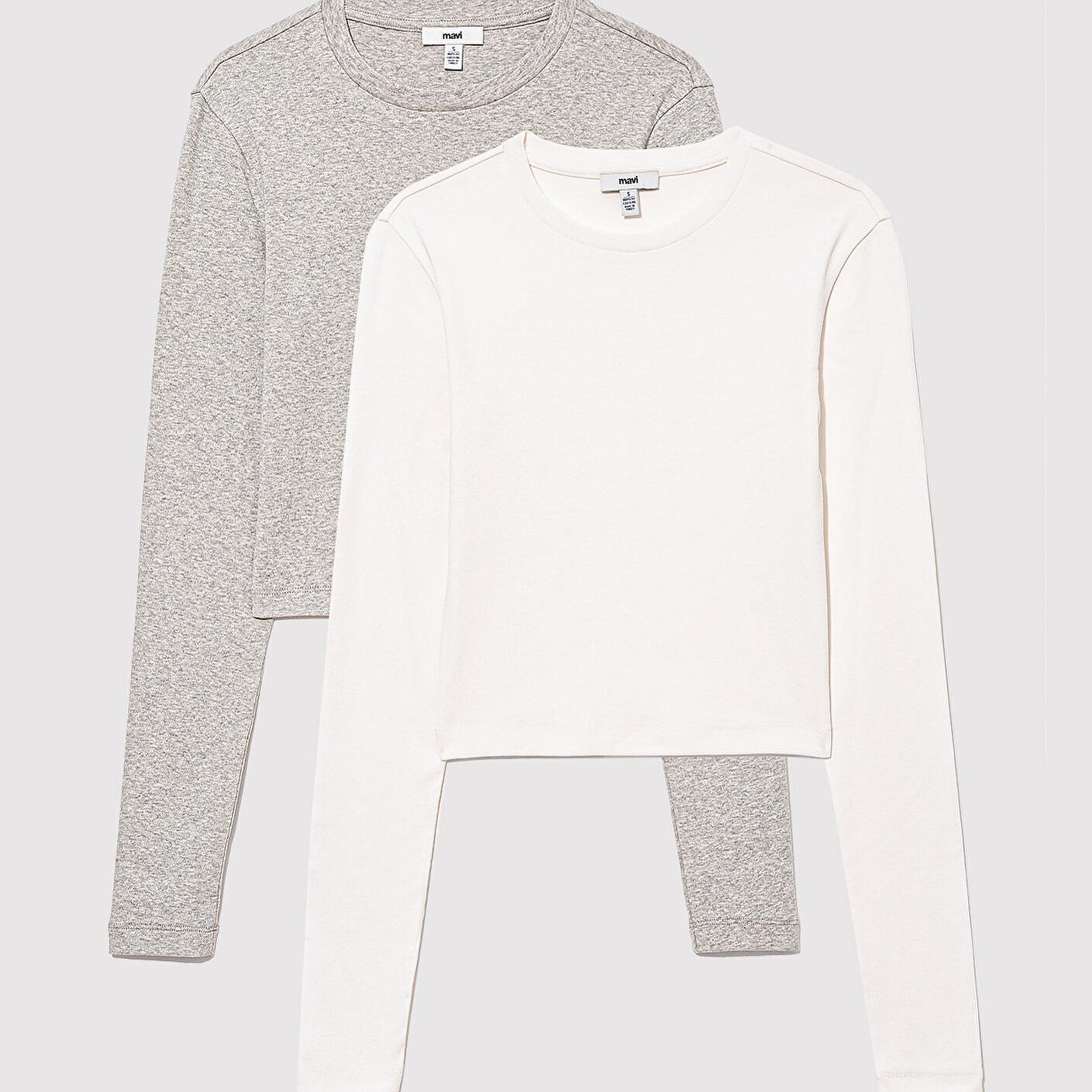 Mavi 2li Uzun Kollu Crop Basic Tişört Fitted / Vücuda Oturan Kesim 1613021-88467