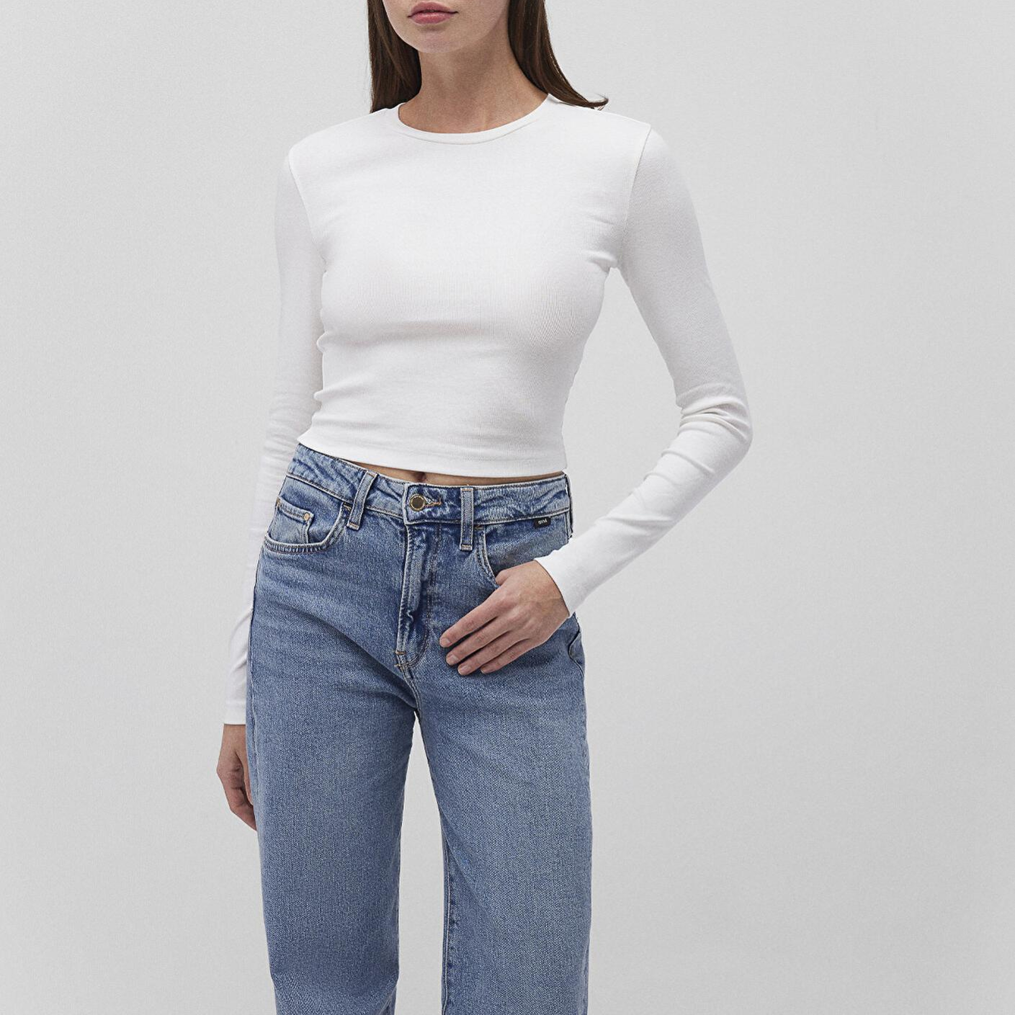 Mavi 2li Uzun Kollu Crop Basic Tişört Fitted / Vücuda Oturan Kesim 1613021-88467