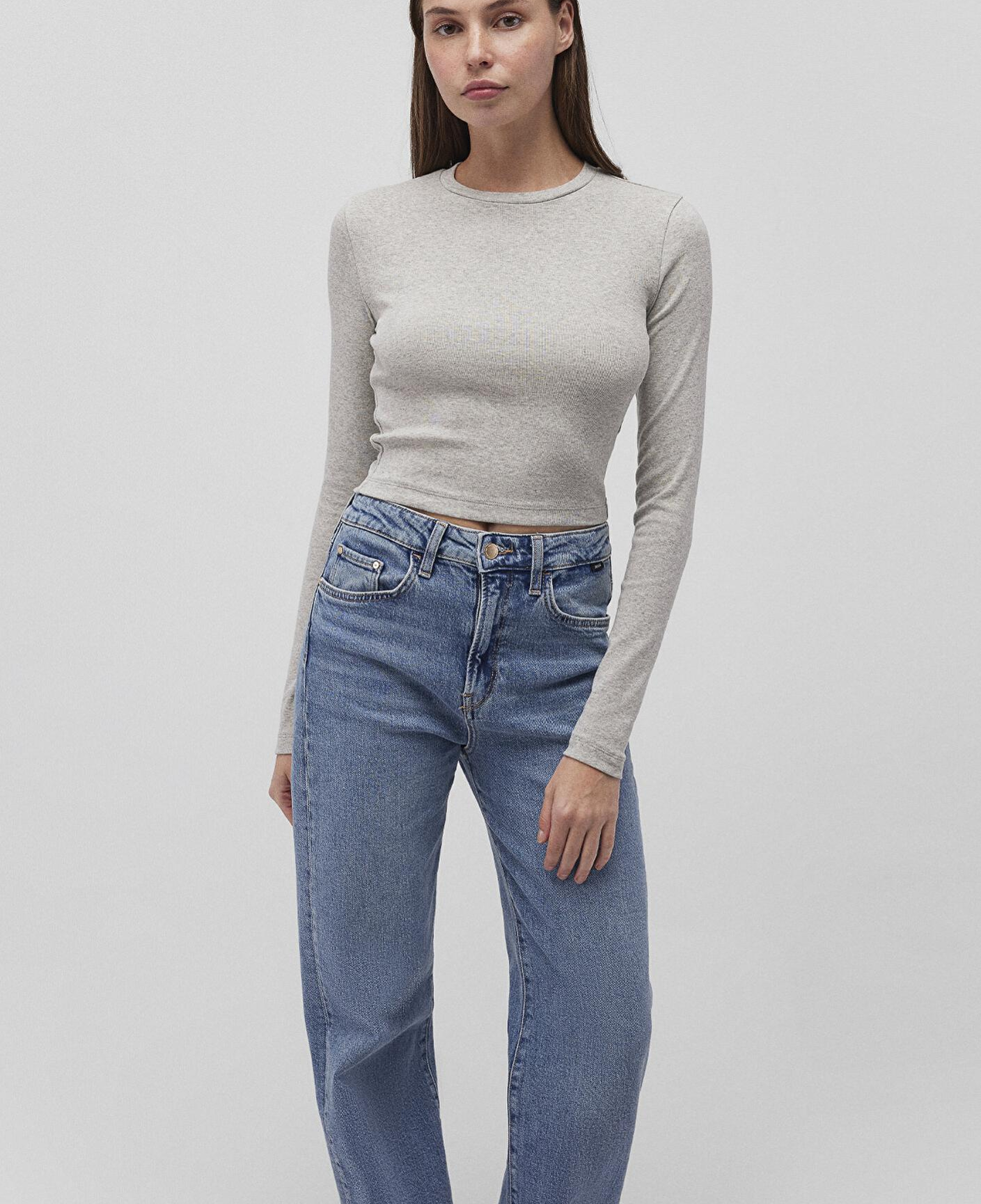 Mavi 2li Uzun Kollu Crop Basic Tişört Fitted / Vücuda Oturan Kesim 1613021-88467