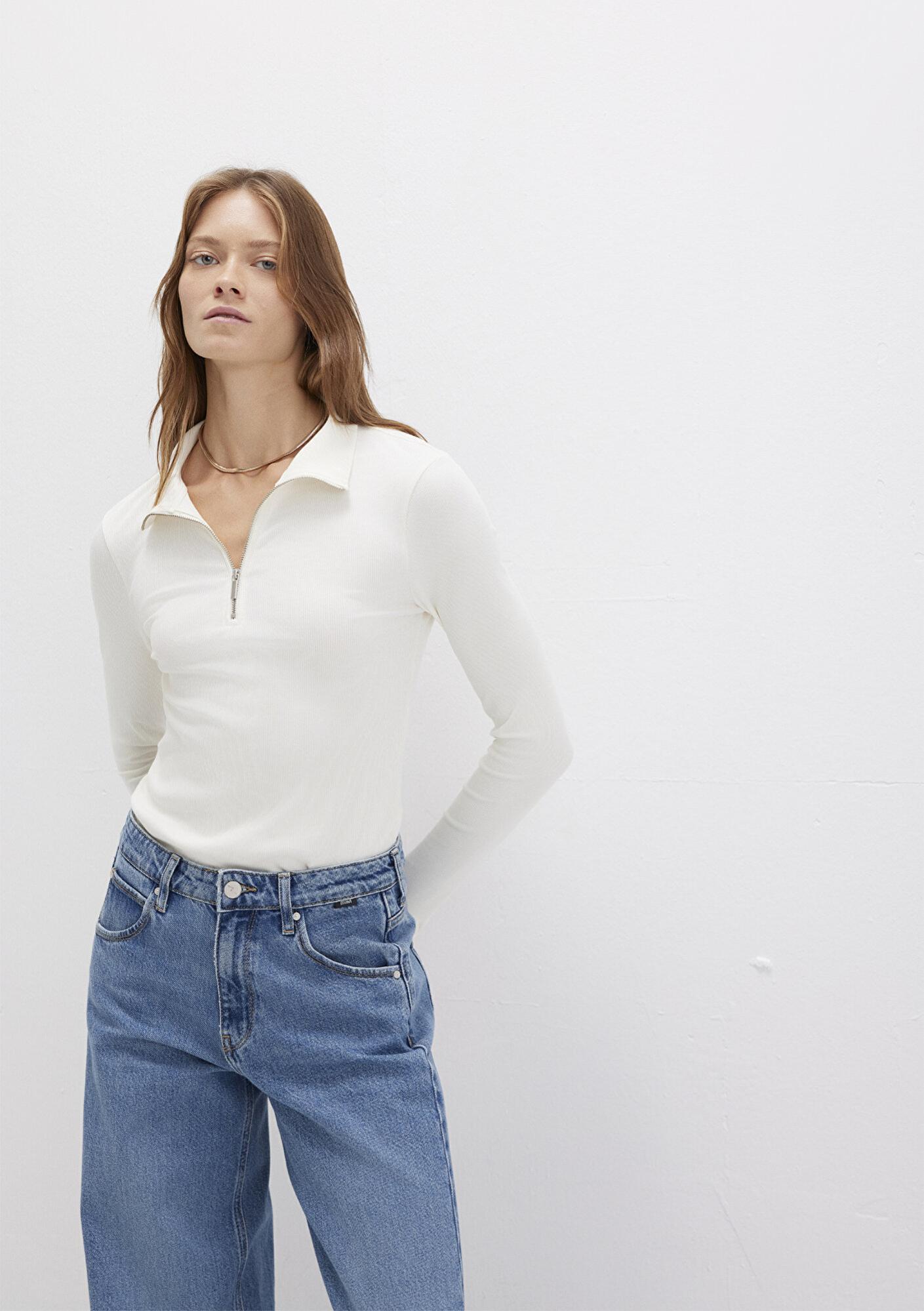 Mavi Sporty Lux Yarı Fermuarlı Beyaz Modal Tişört Fitted / Vücuda Oturan Kesim 1612869-80194