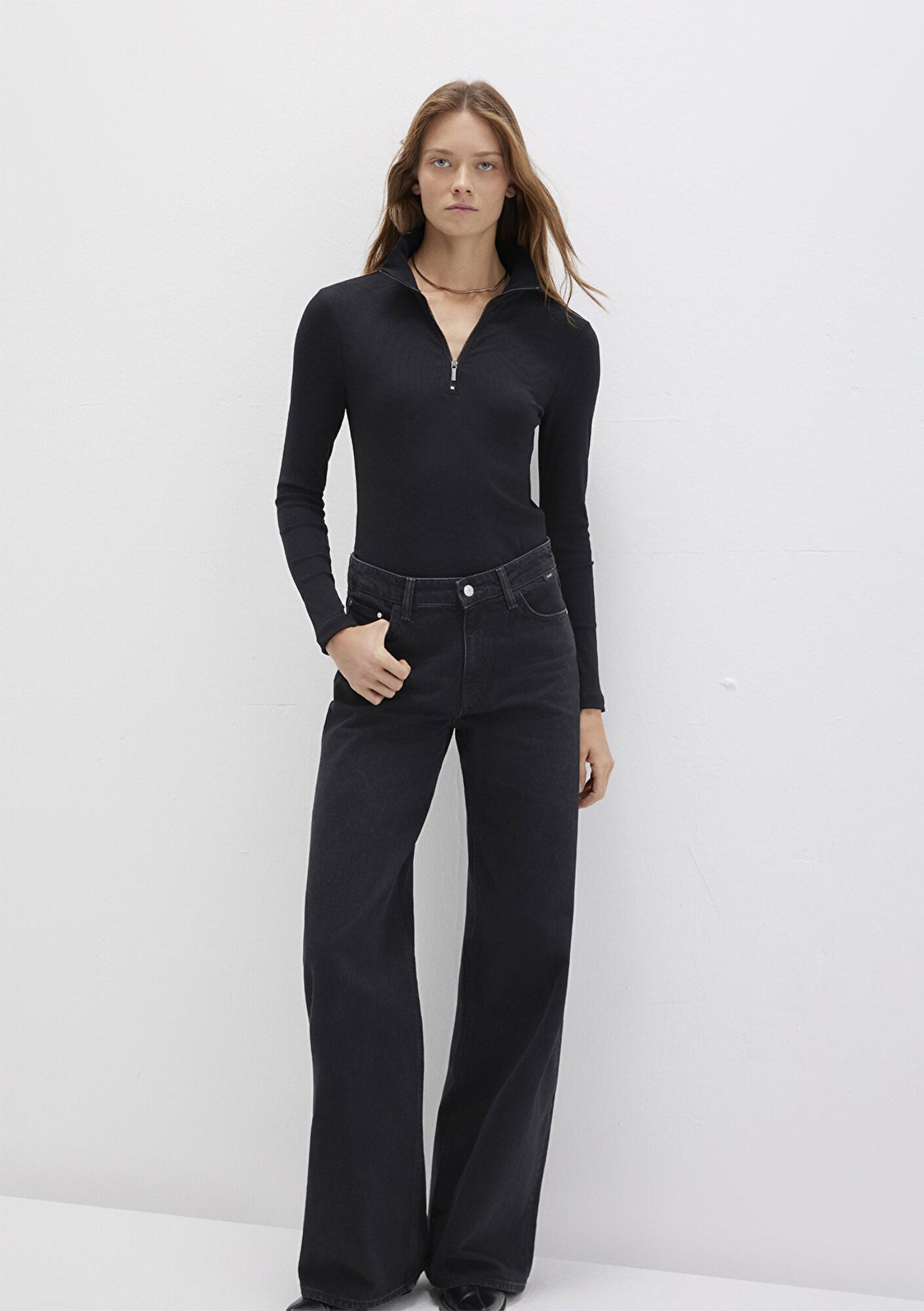 Mavi Sporty Lux Yarı Fermuarlı Siyah Modal Tişört Fitted / Vücuda Oturan Kesim 1612869-900