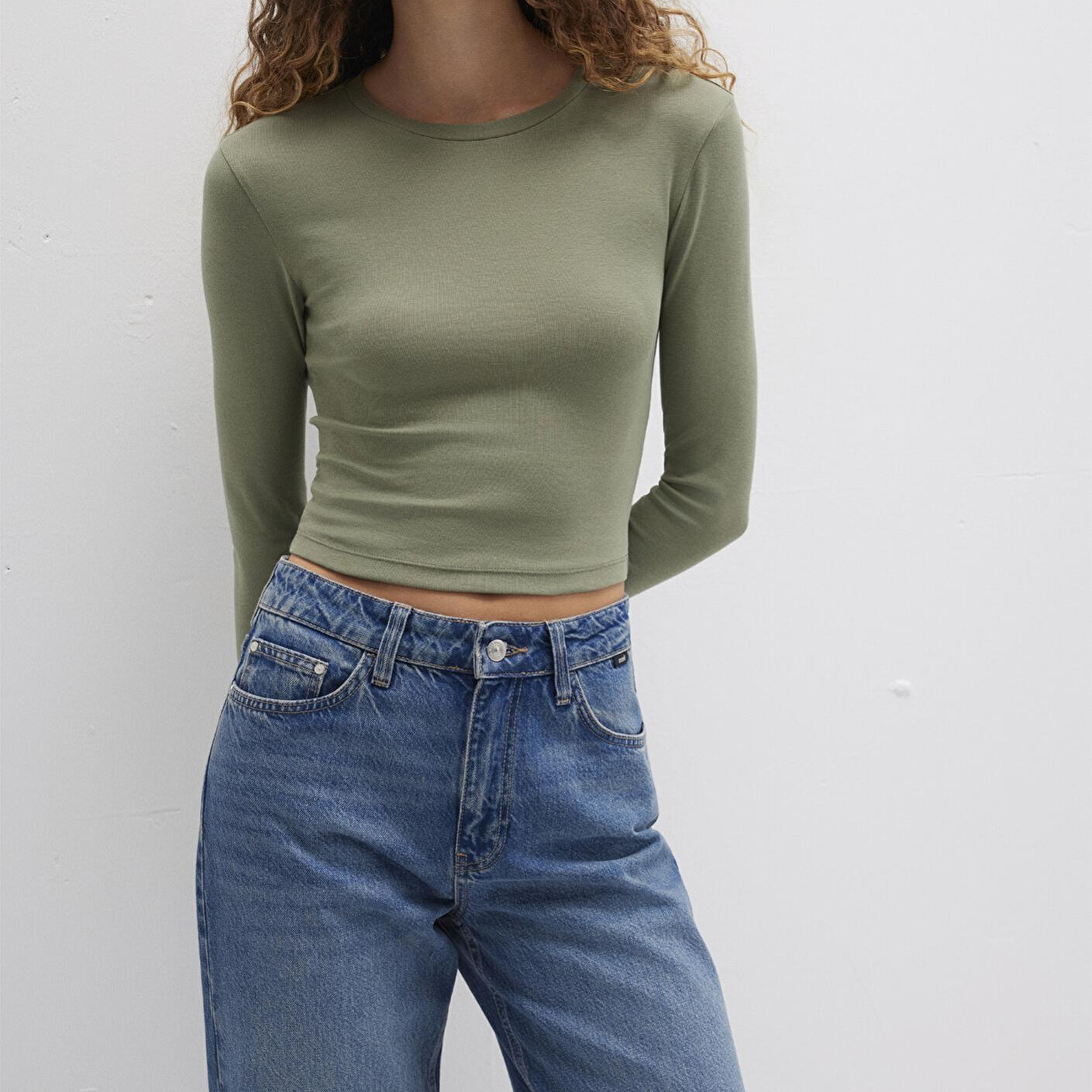 Mavi Uzun Kollu Haki Crop Basic Tişört Crop / Kısa Kesim 1612822-71818