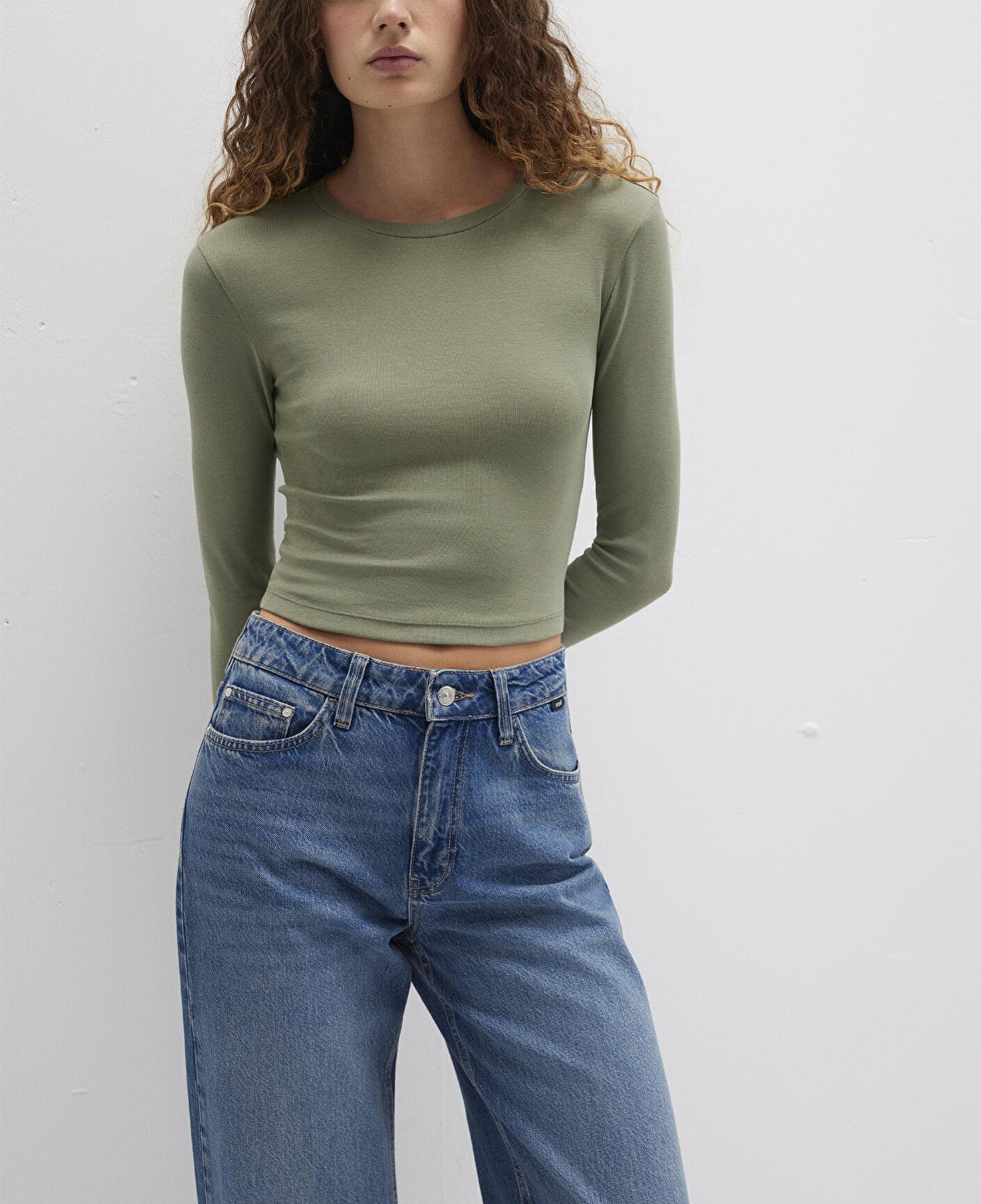 Mavi Uzun Kollu Haki Crop Basic Tişört Crop / Kısa Kesim 1612822-71818