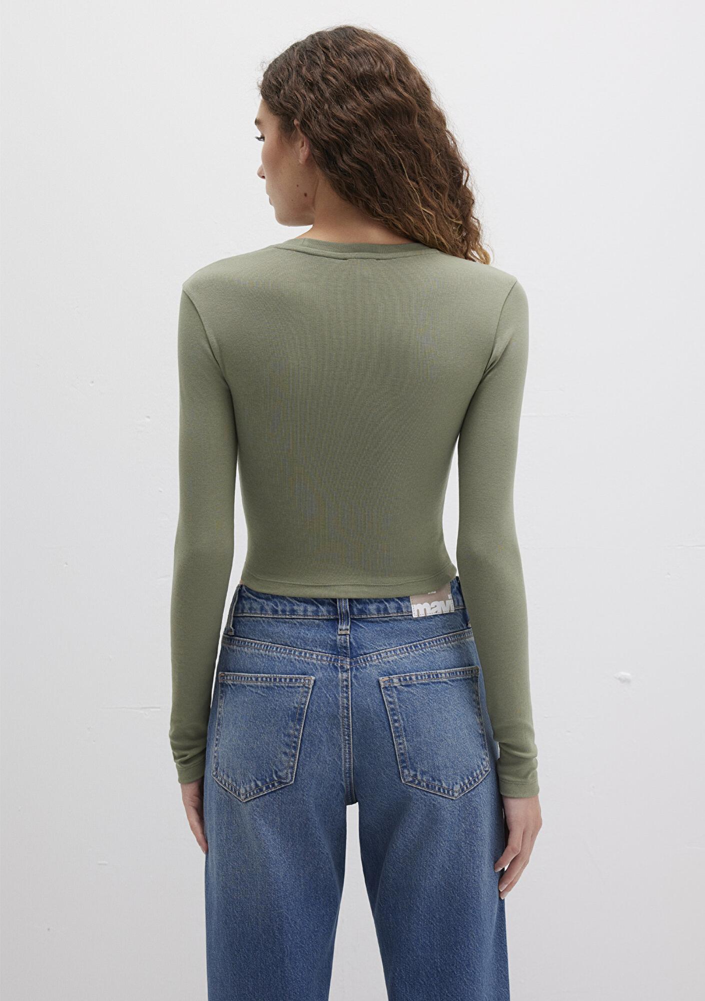 Mavi Uzun Kollu Haki Crop Basic Tişört Crop / Kısa Kesim 1612822-71818