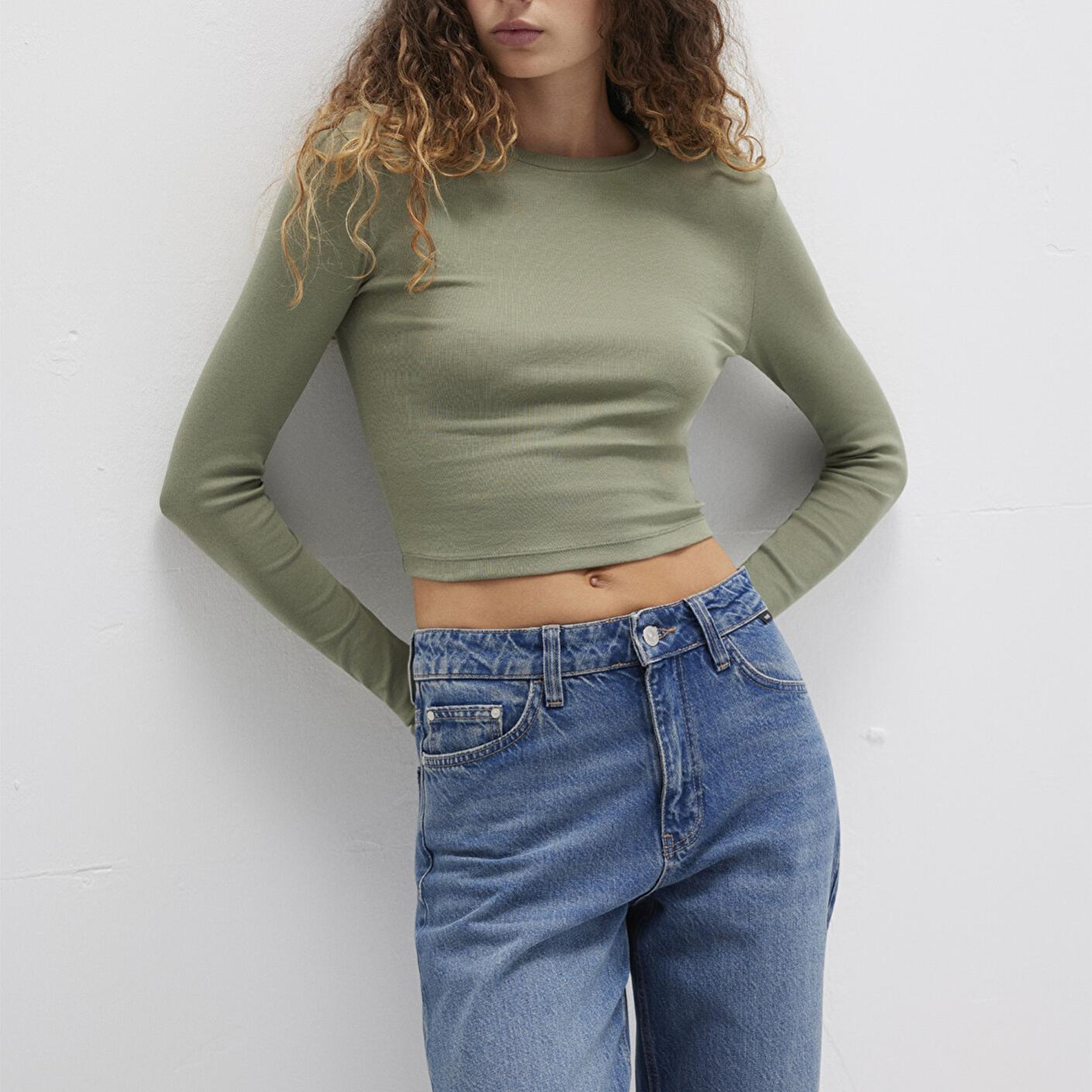 Mavi Uzun Kollu Haki Crop Basic Tişört Crop / Kısa Kesim 1612822-71818