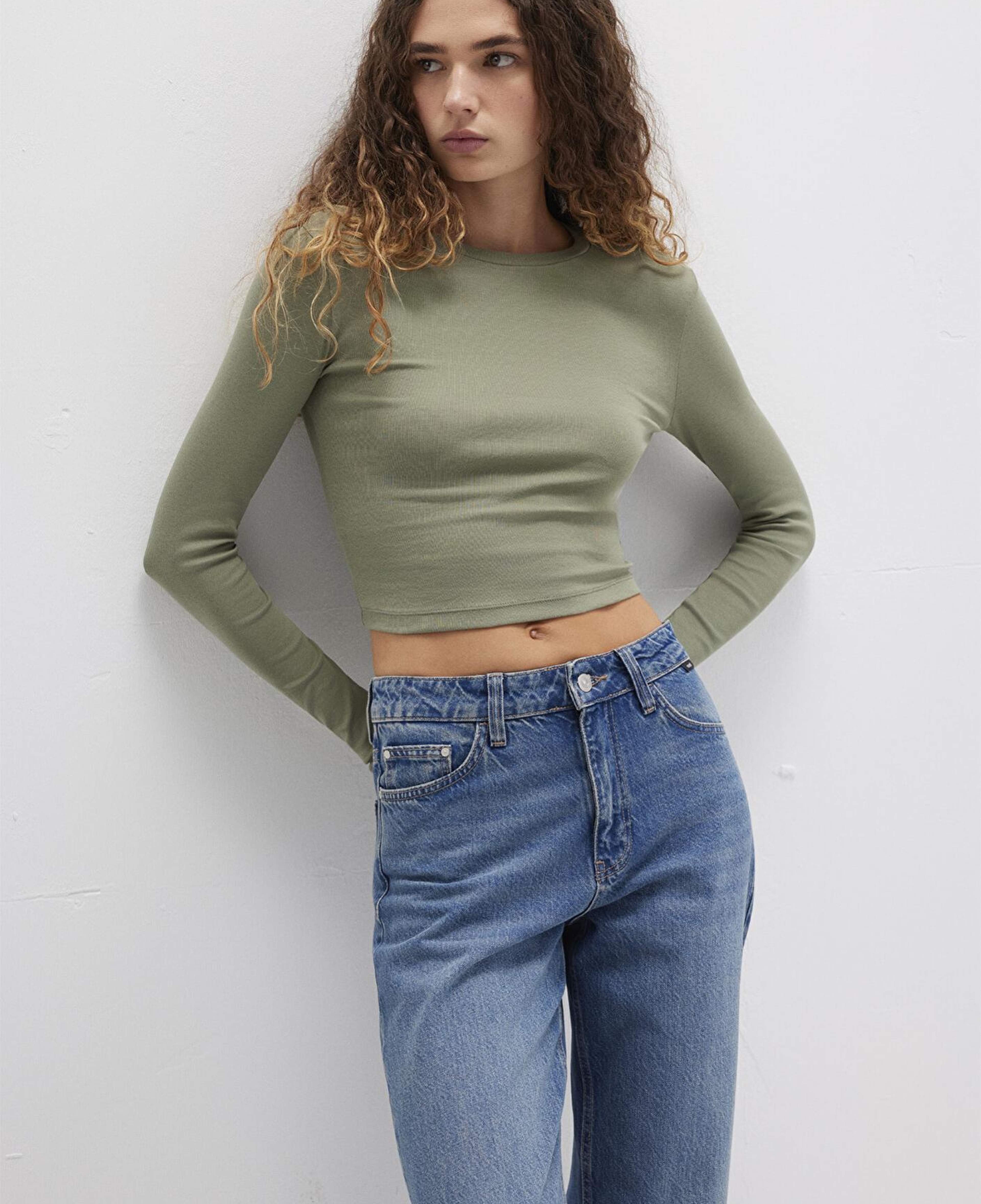 Mavi Uzun Kollu Haki Crop Basic Tişört Crop / Kısa Kesim 1612822-71818