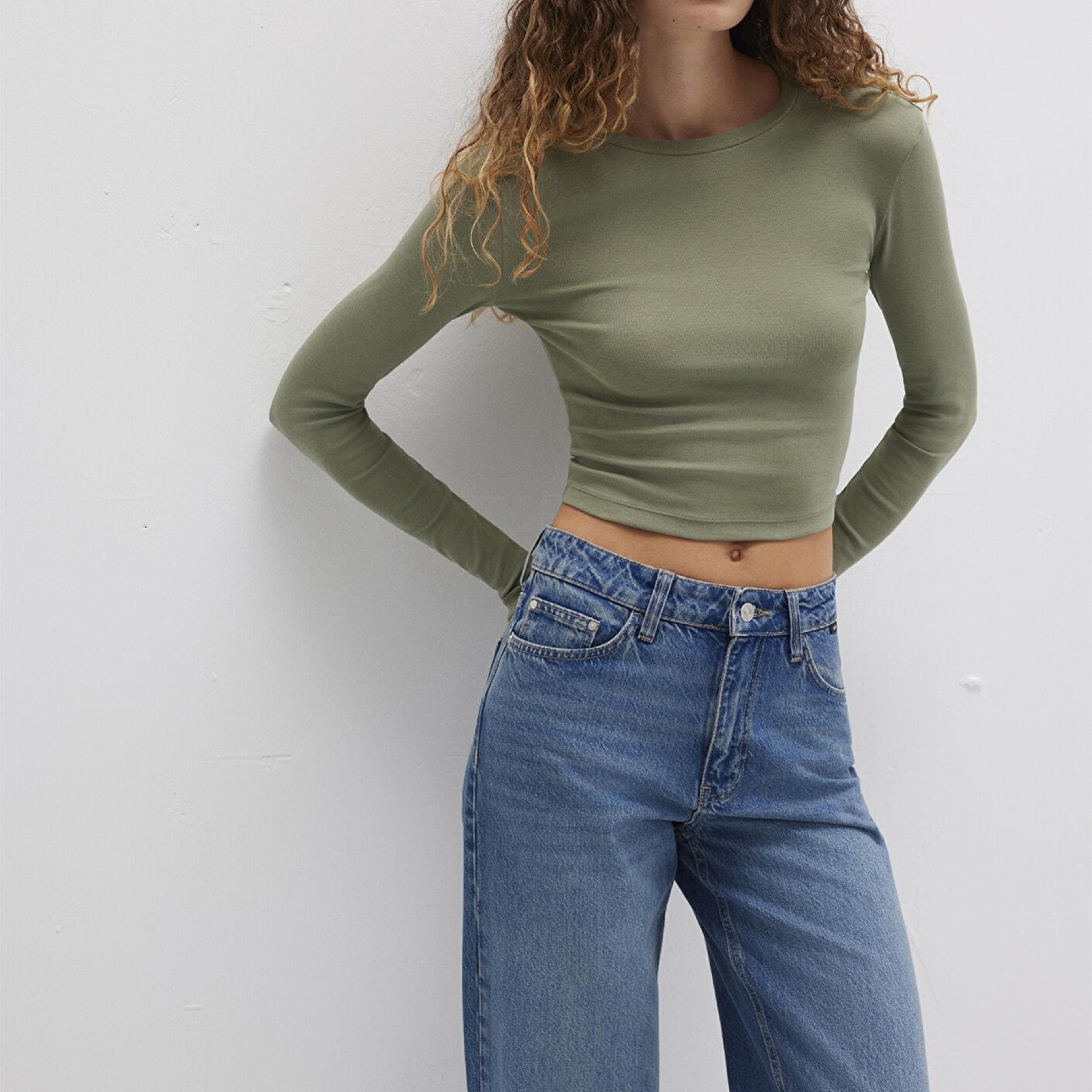 Mavi Uzun Kollu Haki Crop Basic Tişört Crop / Kısa Kesim 1612822-71818