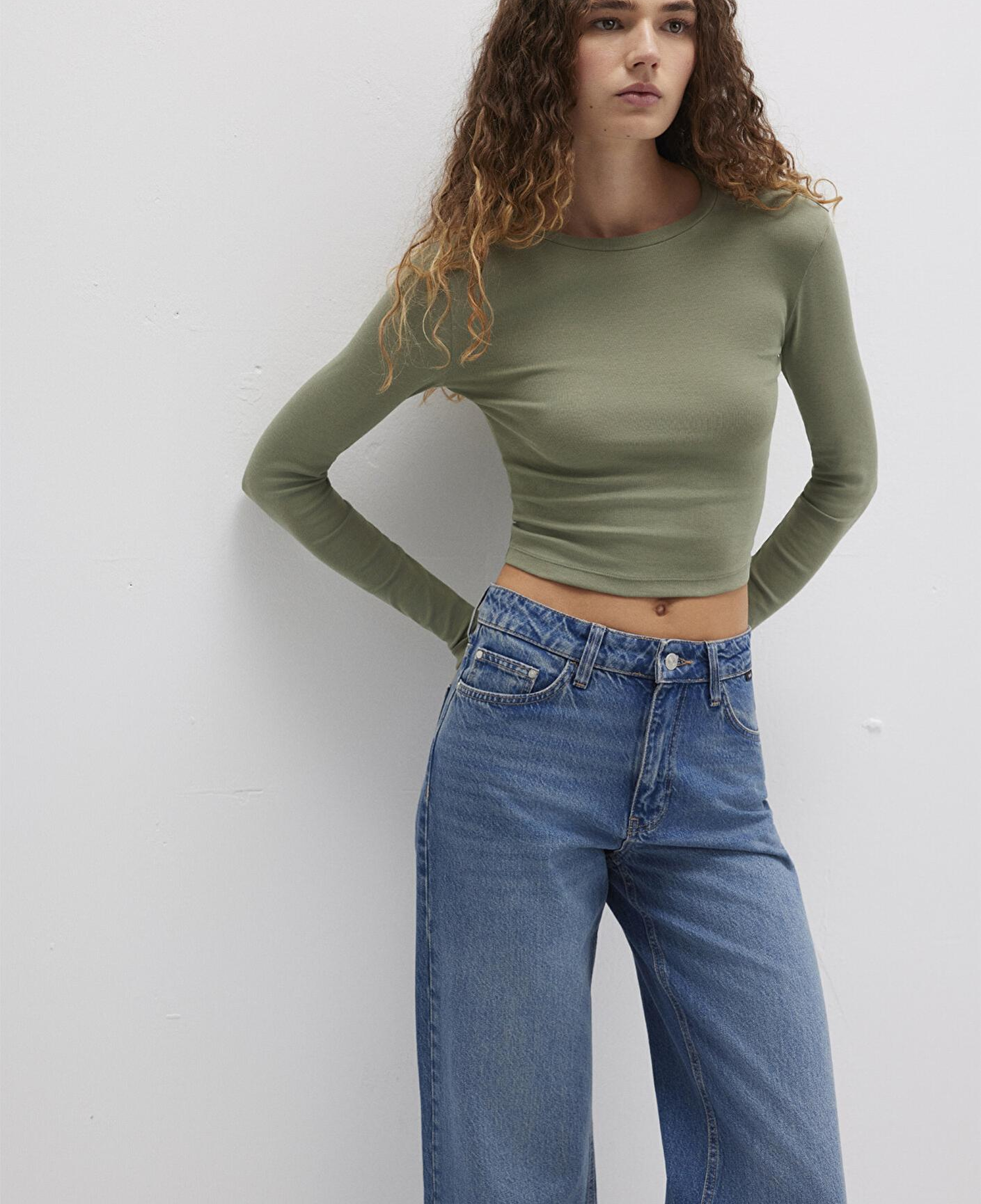 Mavi Uzun Kollu Haki Crop Basic Tişört Crop / Kısa Kesim 1612822-71818