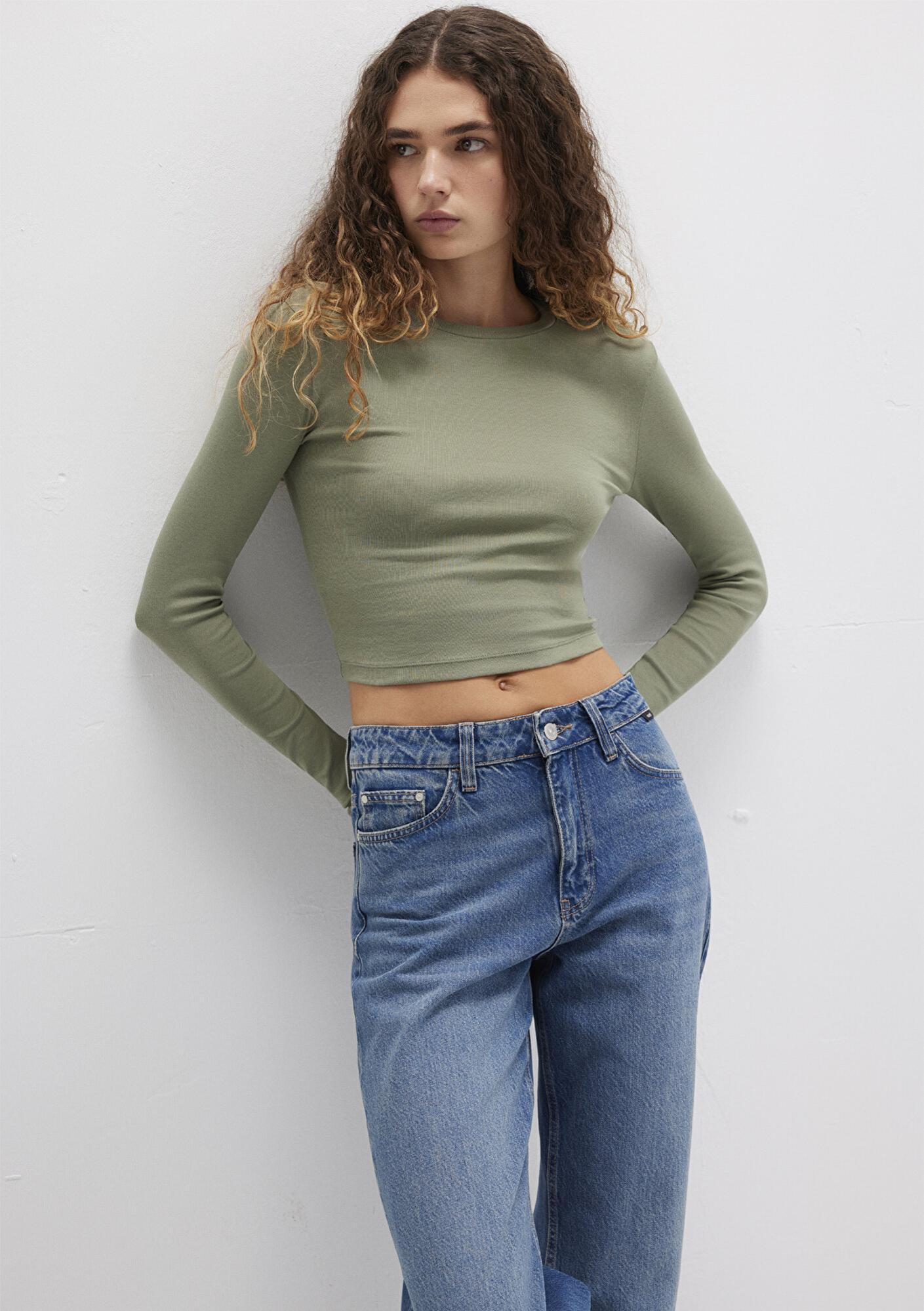 Mavi Uzun Kollu Haki Crop Basic Tişört Crop / Kısa Kesim 1612822-71818