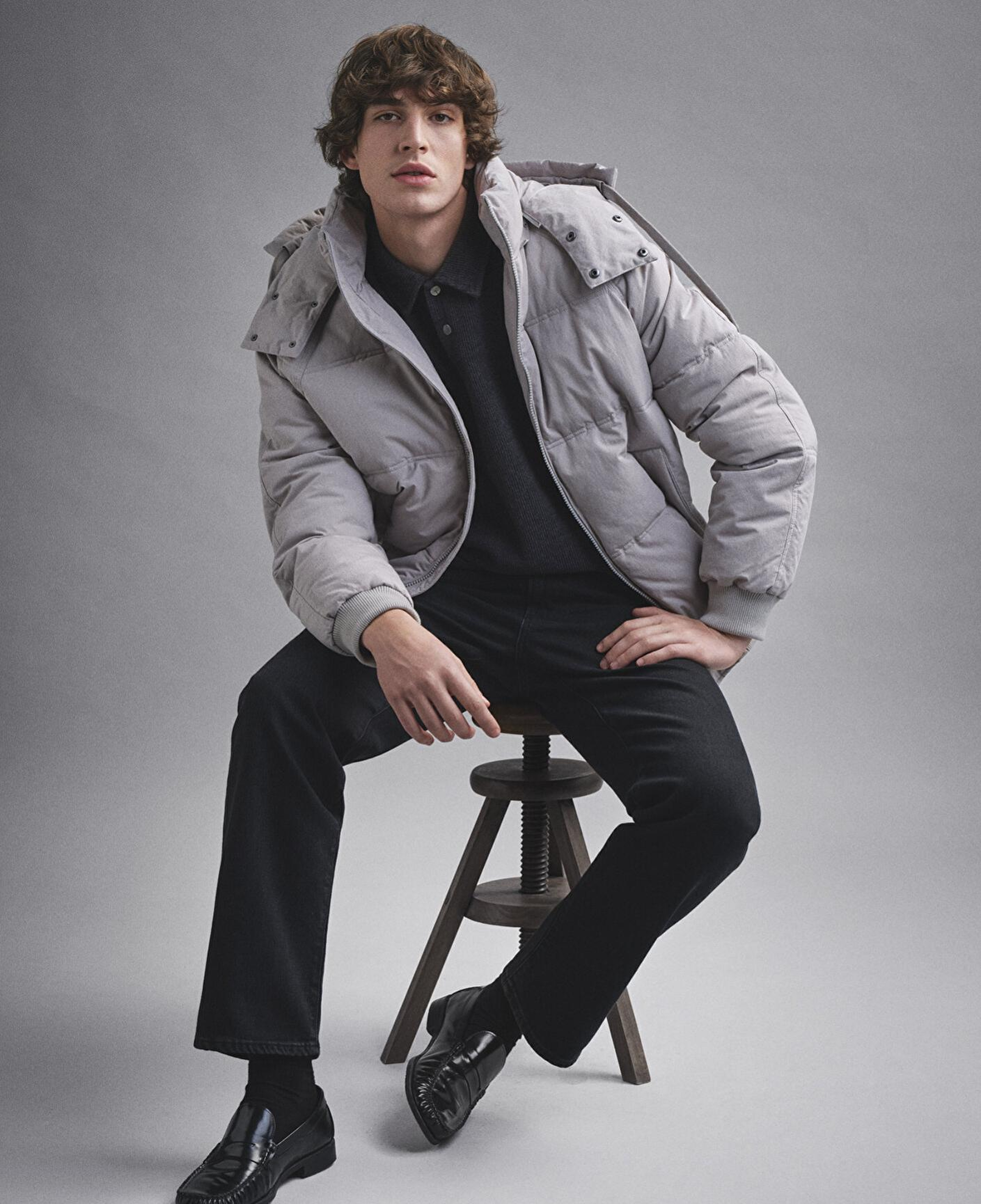 Mavi Kapüşonlu Gri Şişme Mont 0110553-86791