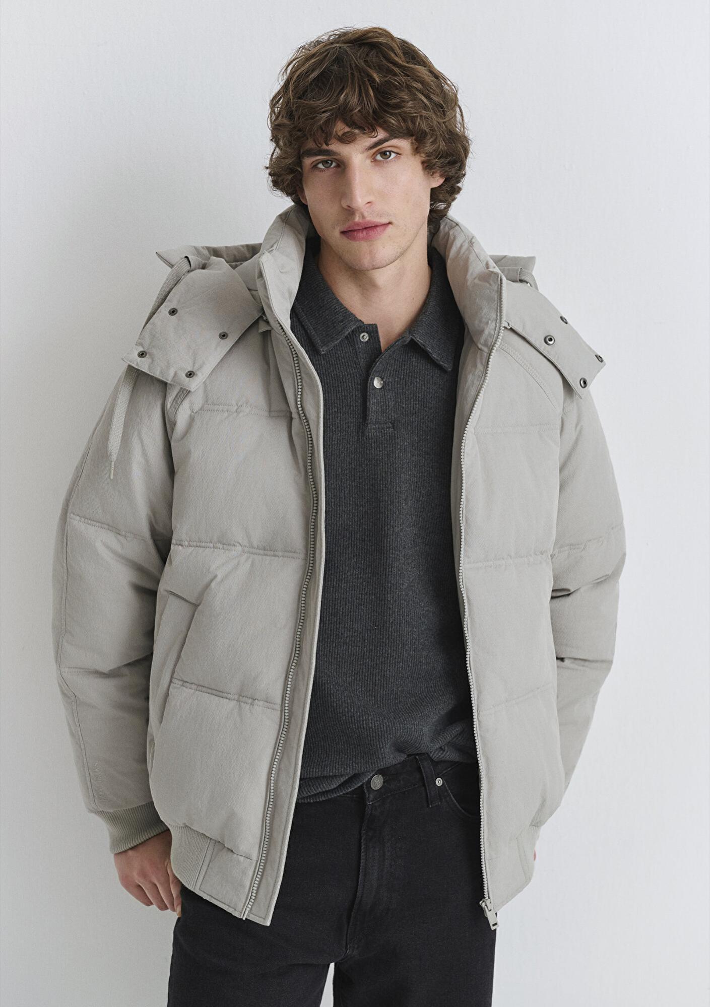 Mavi Kapüşonlu Gri Şişme Mont 0110553-86791