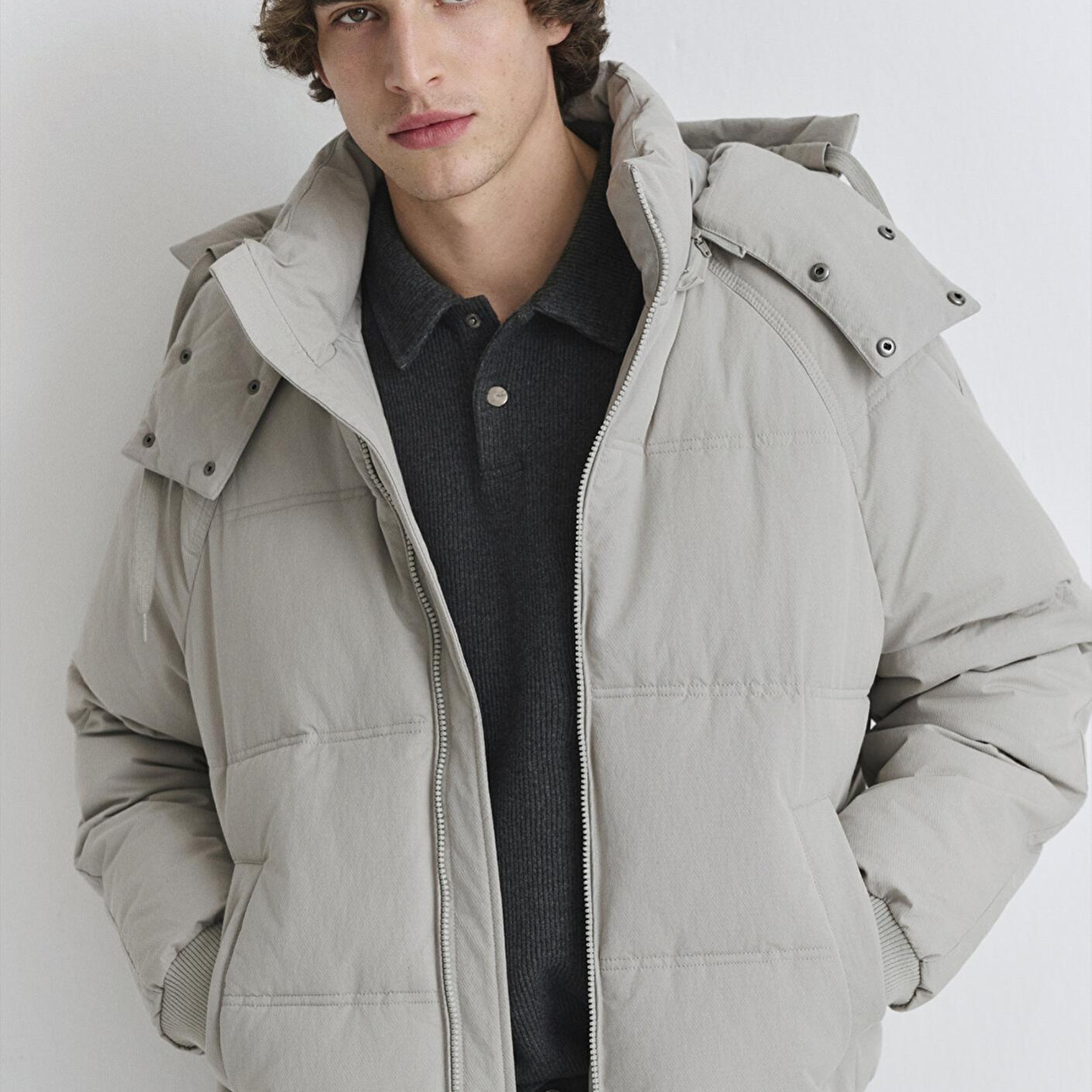 Mavi Kapüşonlu Gri Şişme Mont 0110553-86791