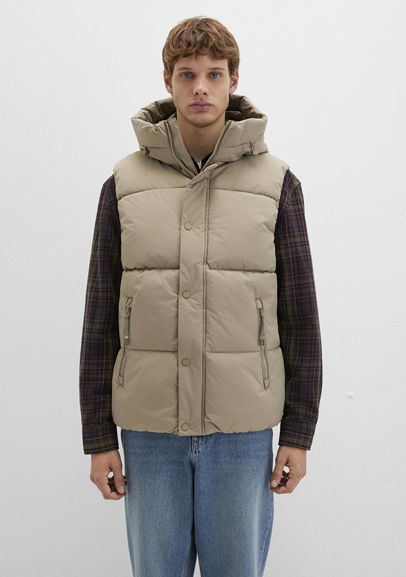 Mavi Kapüşonlu Bej Şişme Yelek Regular Fit / Normal Kesim 0110306-86749