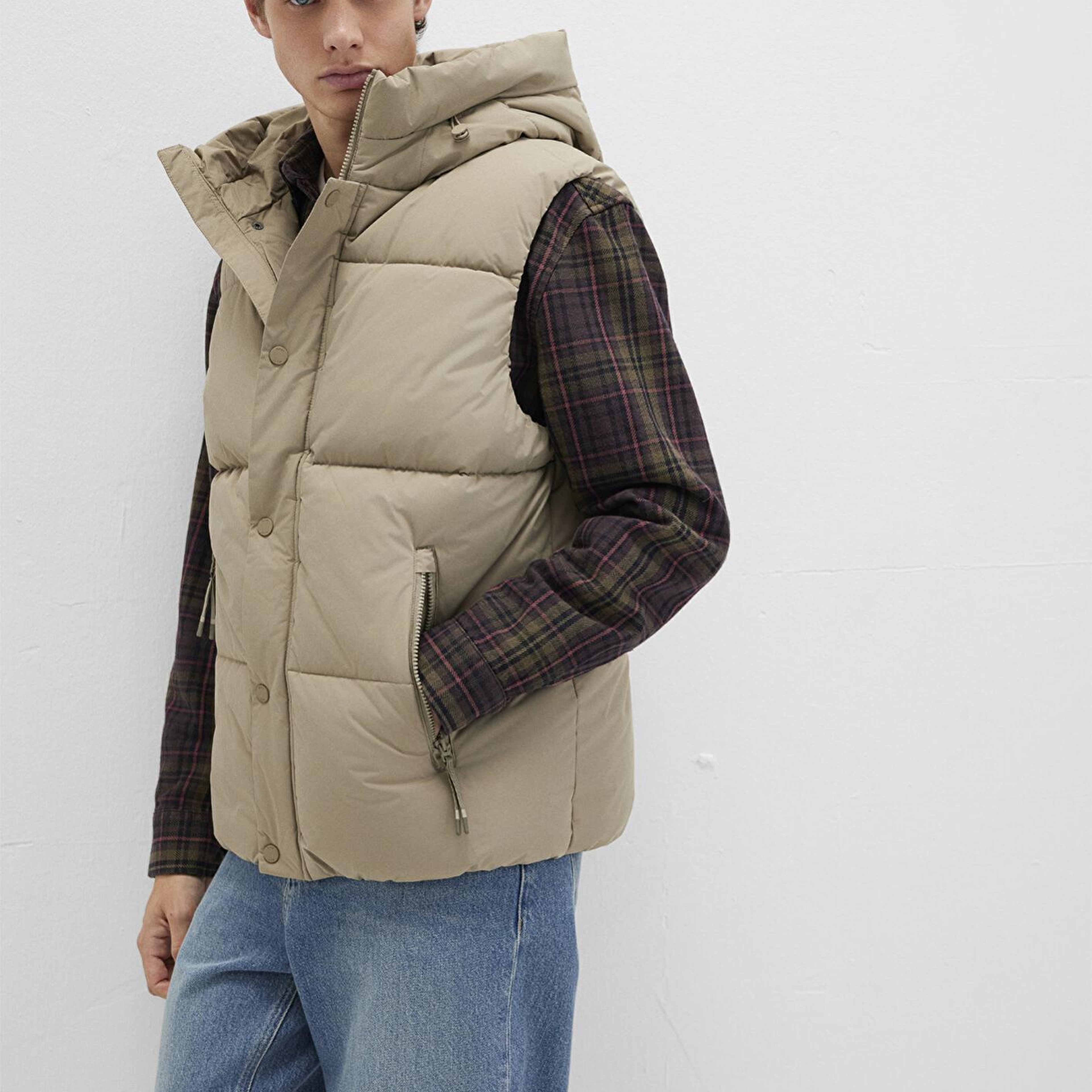 Mavi Kapüşonlu Bej Şişme Yelek Regular Fit / Normal Kesim 0110306-86749