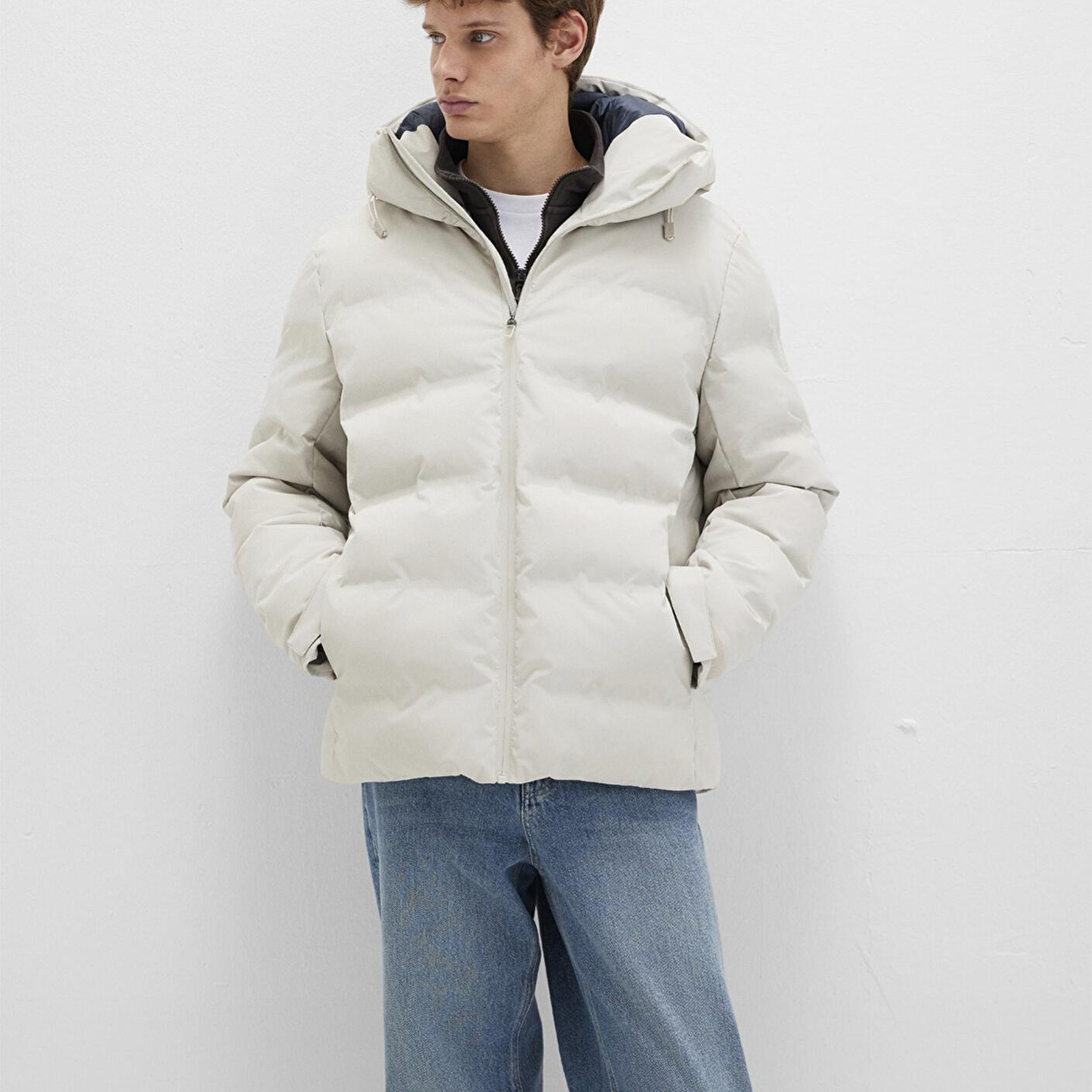 Mavi Su İtici Kapüşonlu Ekru Şişme Mont 0110313-70144