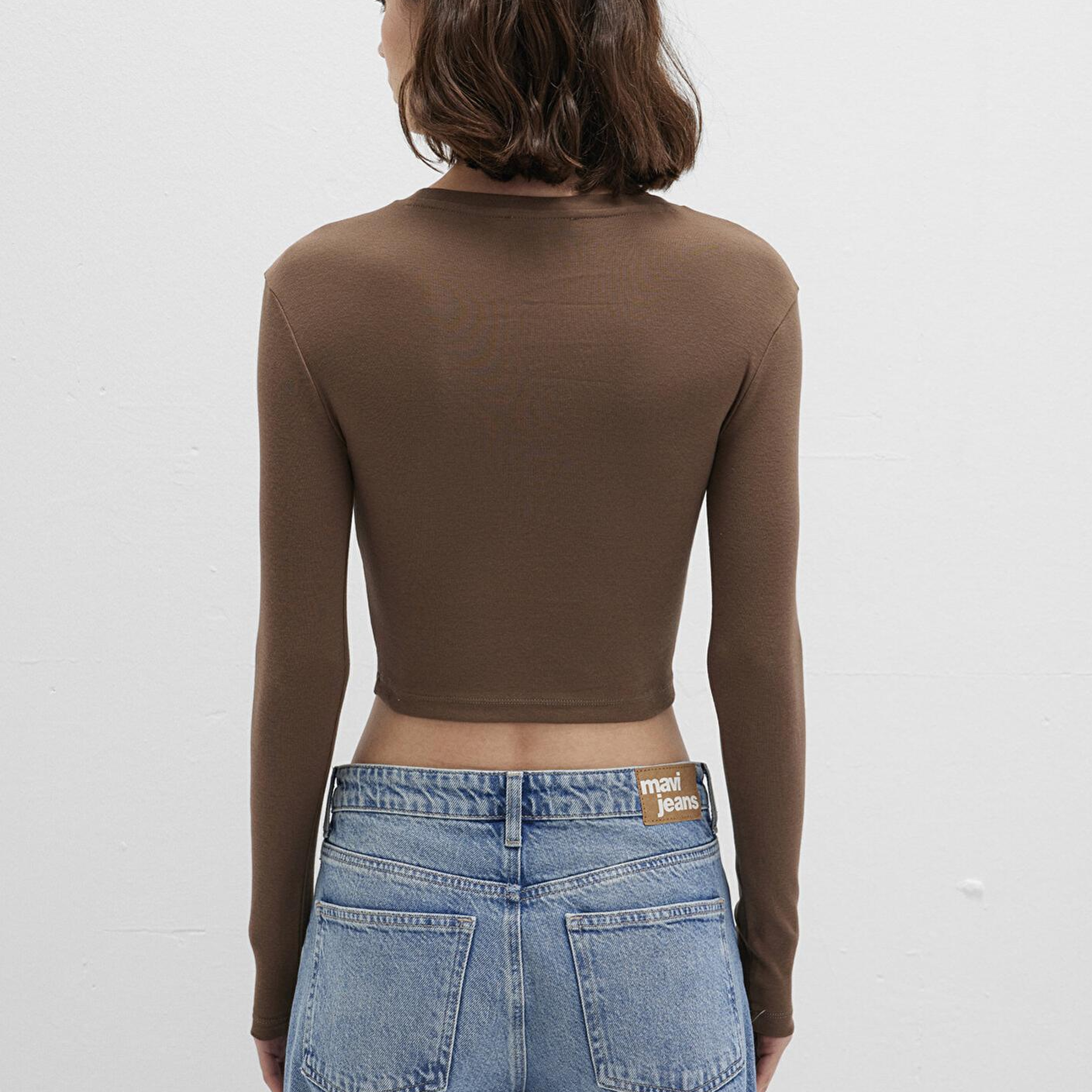 Mavi Uzun Kollu Kahverengi Crop Basic Tişört Crop / Kısa Kesim 1612822-81959