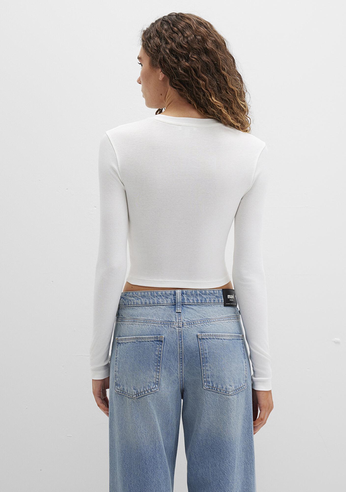 Mavi Uzun Kollu Beyaz Crop Basic Tişört Crop / Kısa Kesim 1612822-70057