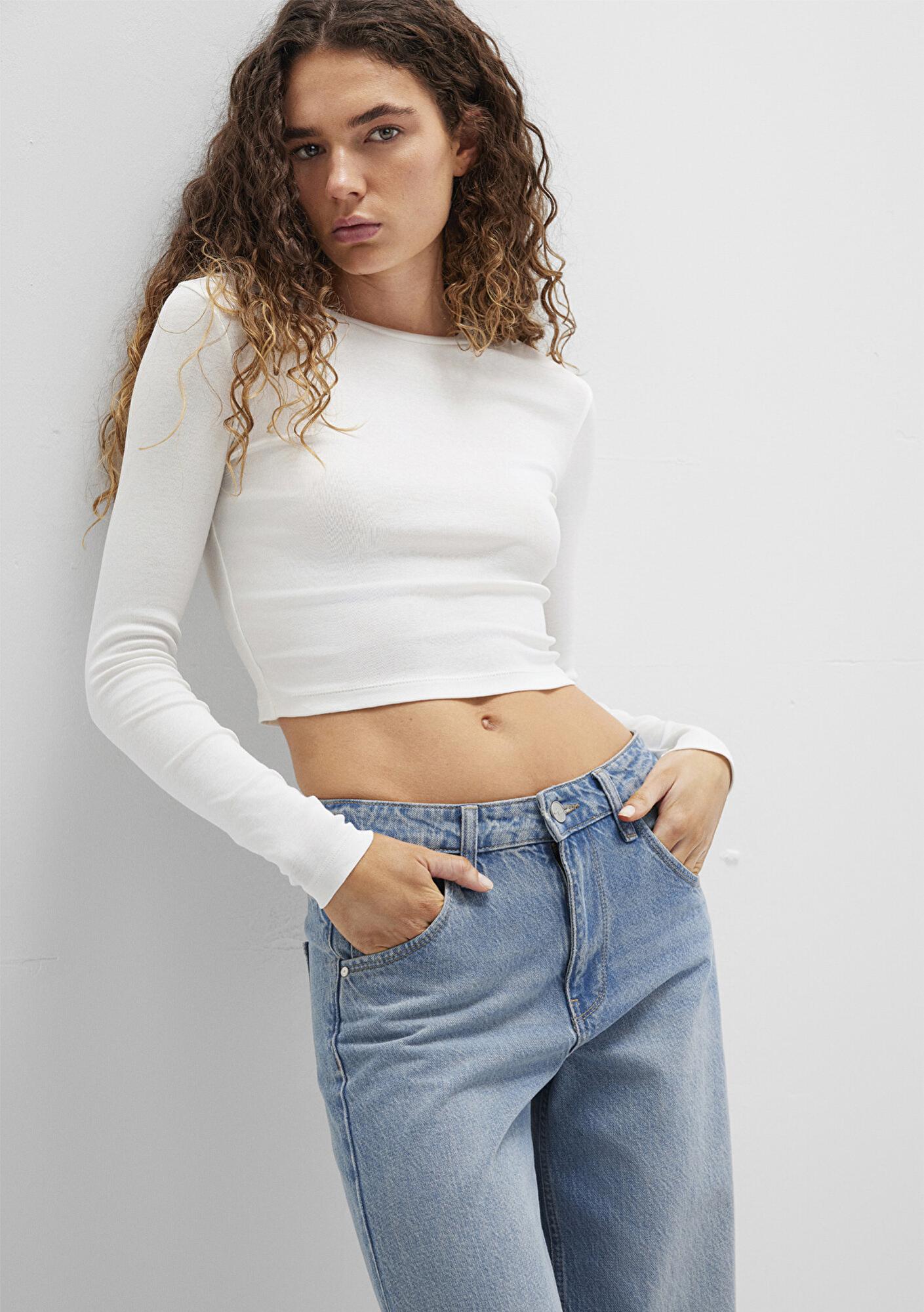 Mavi Uzun Kollu Beyaz Crop Basic Tişört Crop / Kısa Kesim 1612822-70057