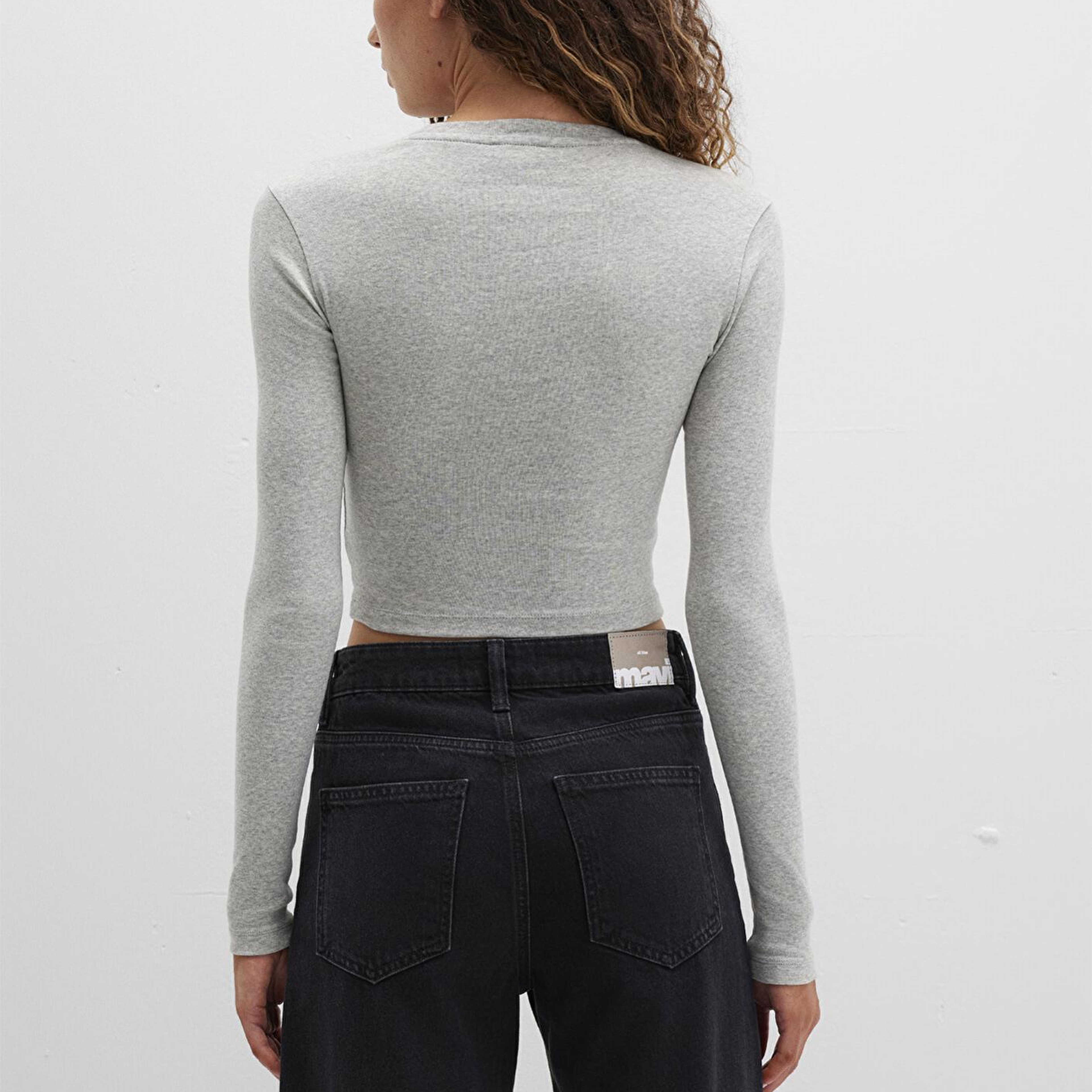 Mavi Uzun Kollu Gri Crop Basic Tişört Crop / Kısa Kesim 1612822-88467