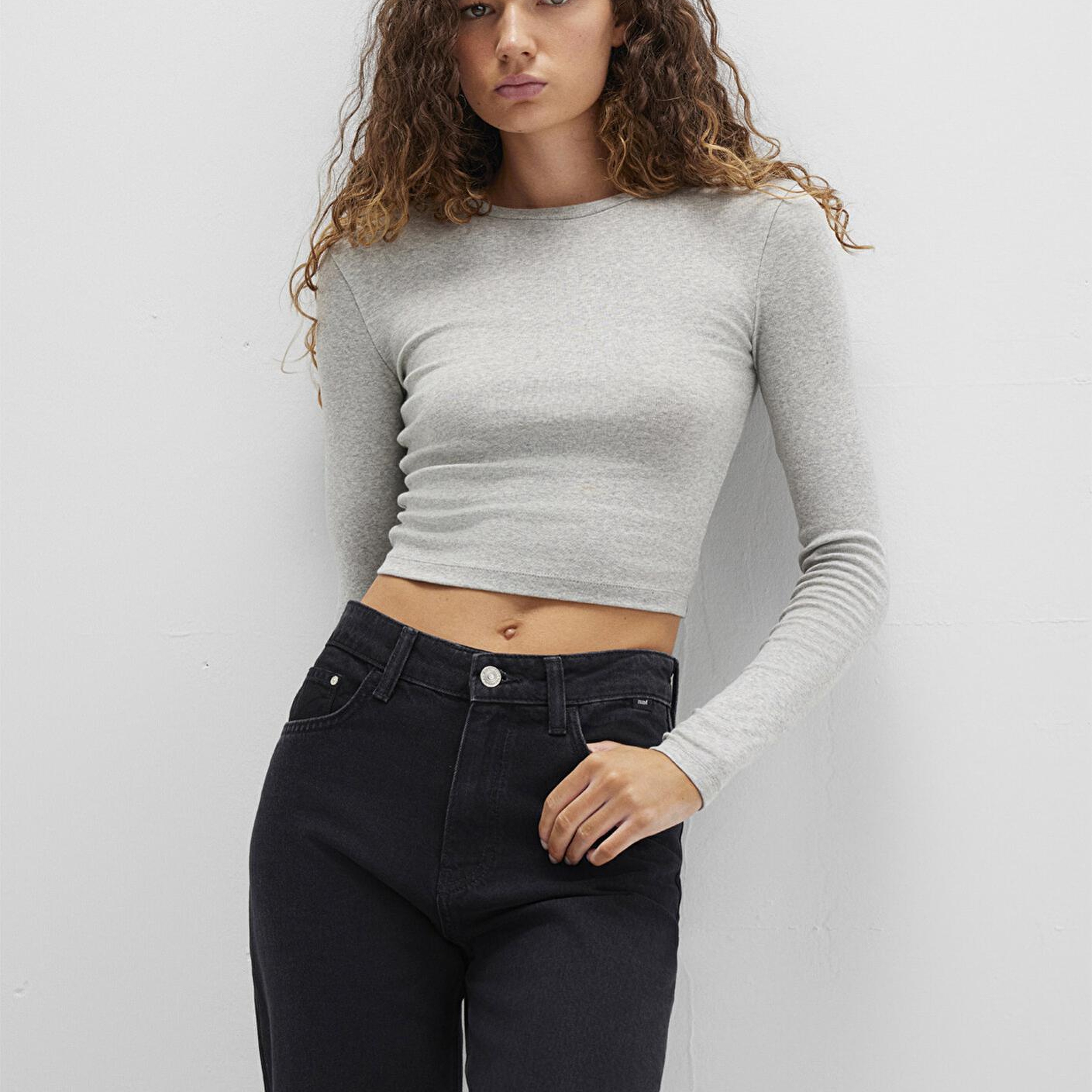 Mavi Uzun Kollu Gri Crop Basic Tişört Crop / Kısa Kesim 1612822-88467