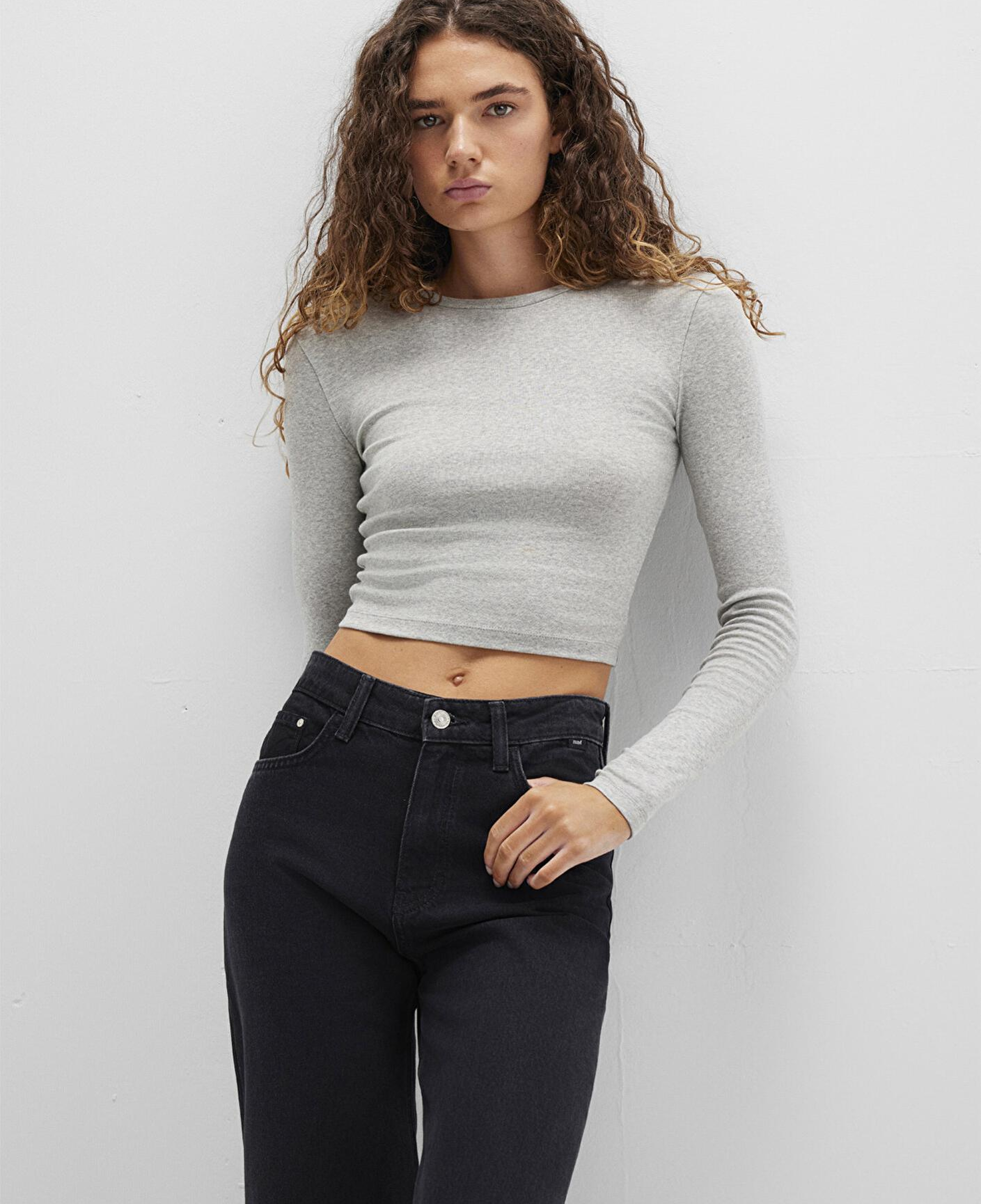 Mavi Uzun Kollu Gri Crop Basic Tişört Crop / Kısa Kesim 1612822-88467