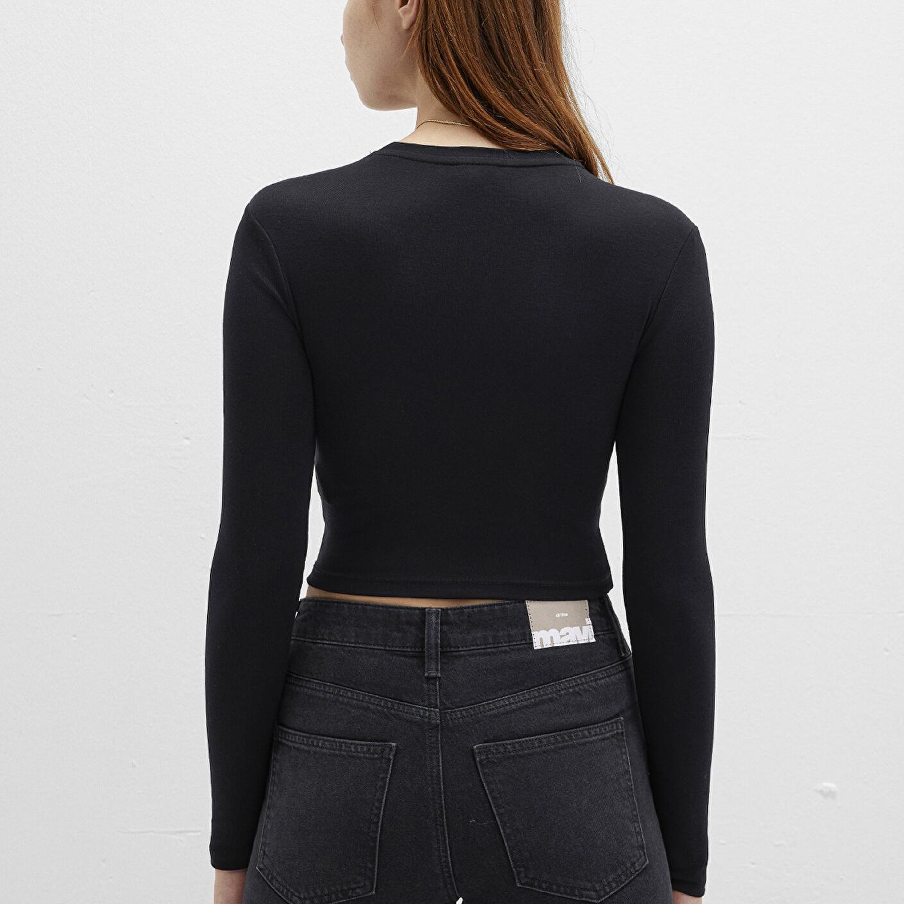 Mavi Uzun Kollu Siyah Crop Basic Tişört Crop / Kısa Kesim 1612822-900