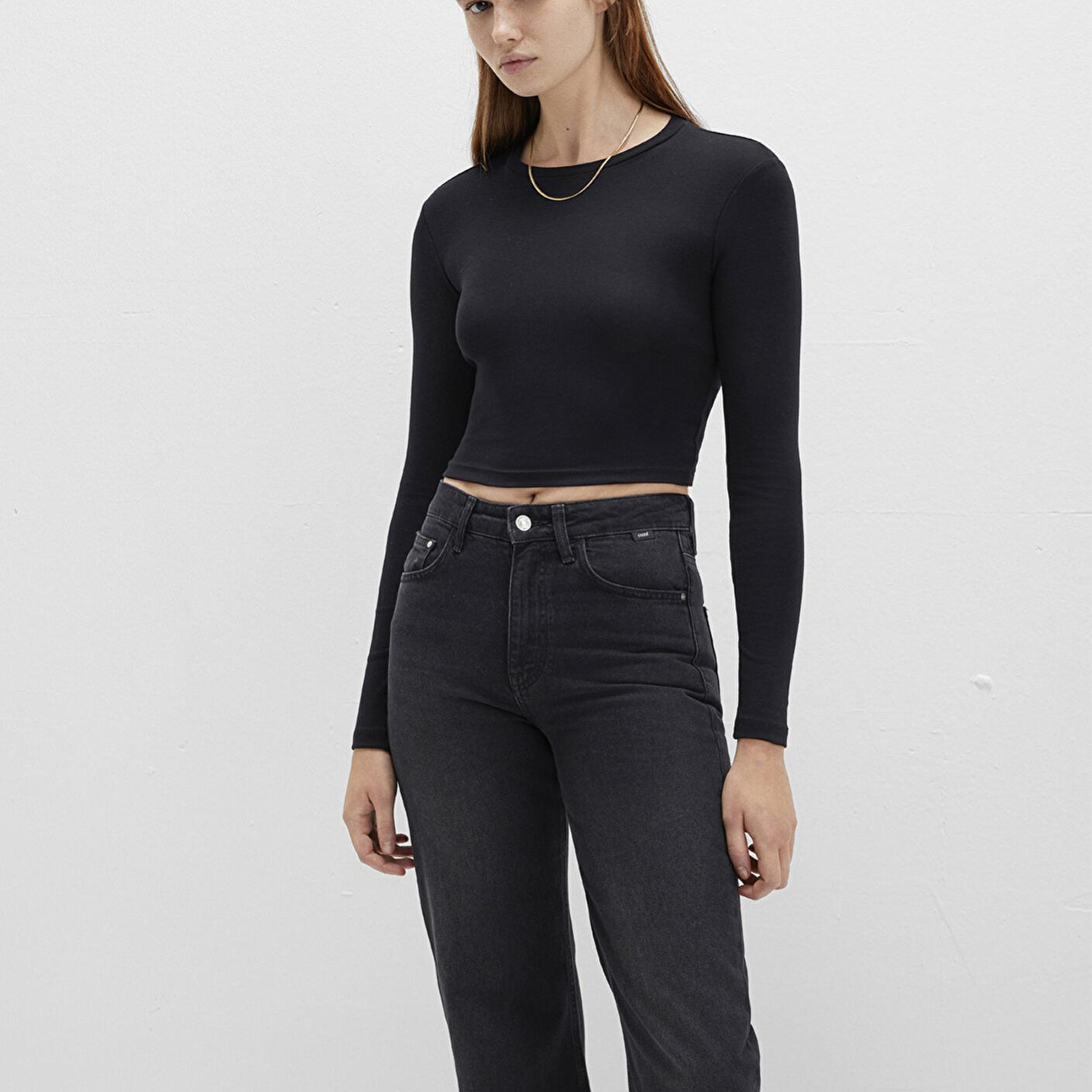 Mavi Uzun Kollu Siyah Crop Basic Tişört Crop / Kısa Kesim 1612822-900