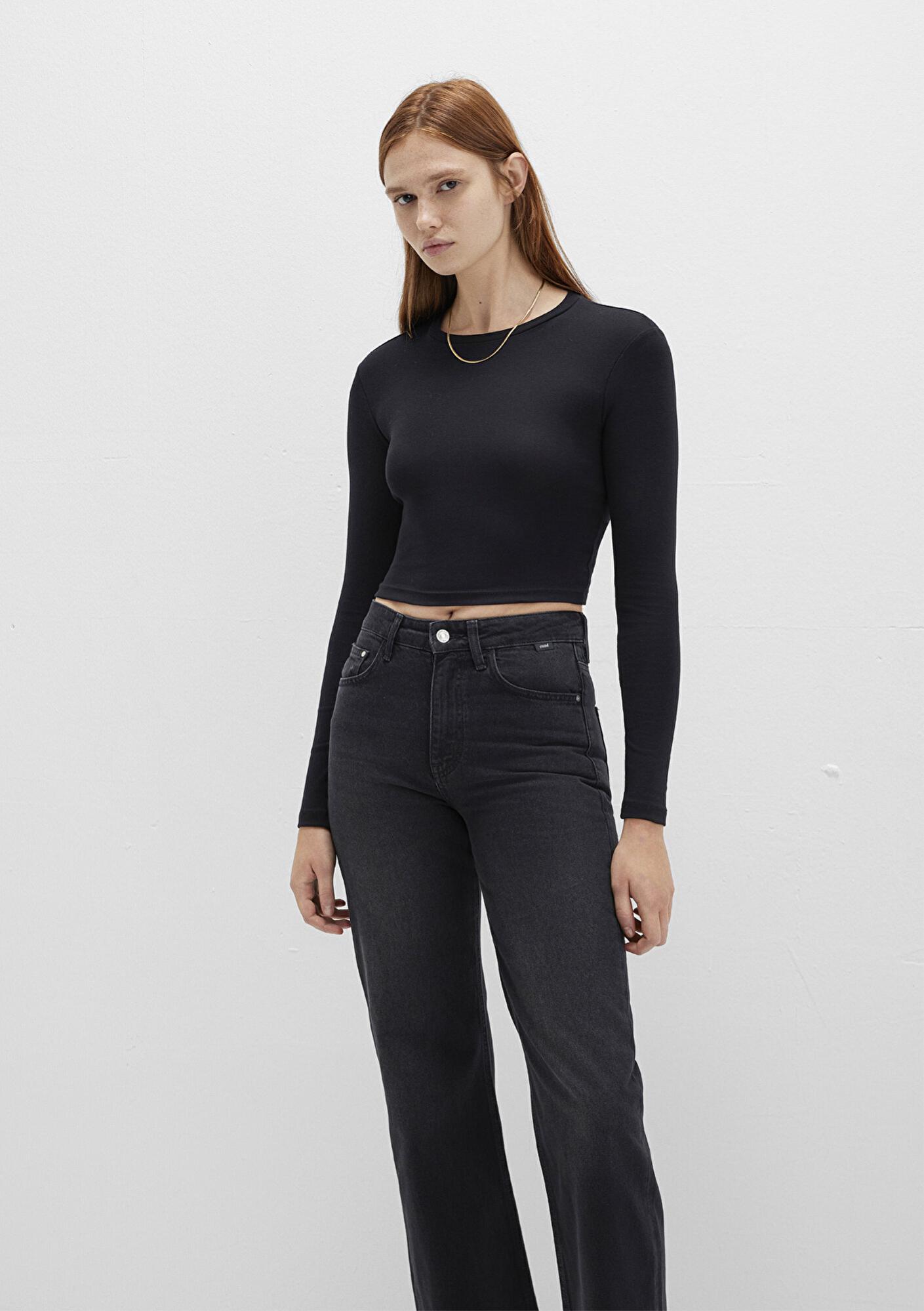 Mavi Uzun Kollu Siyah Crop Basic Tişört Crop / Kısa Kesim 1612822-900