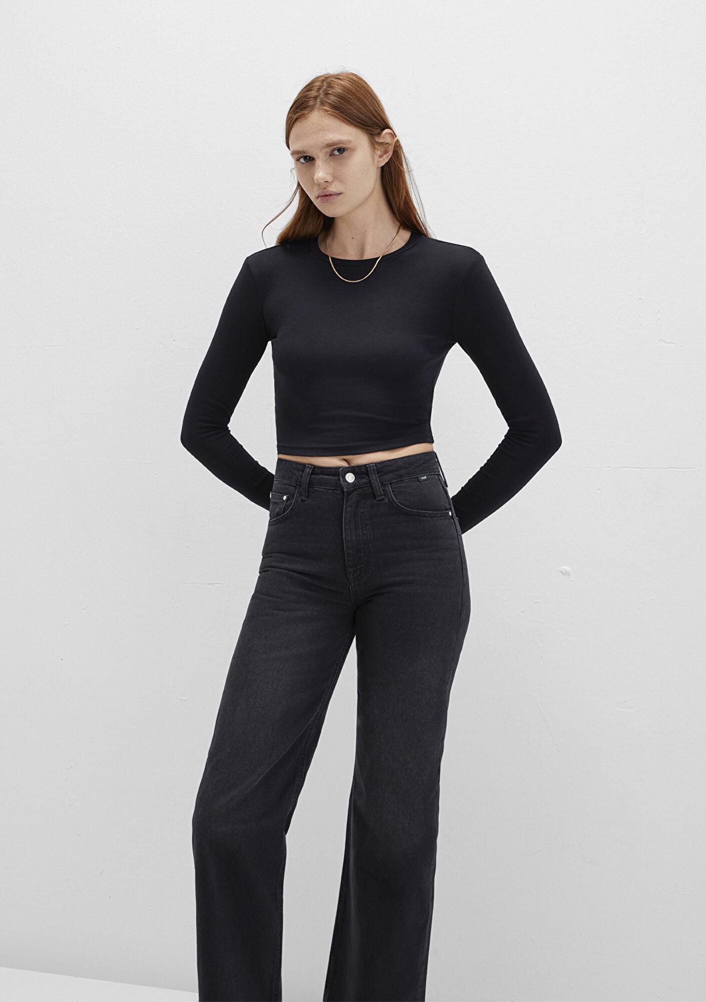 Mavi Uzun Kollu Siyah Crop Basic Tişört Crop / Kısa Kesim 1612822-900