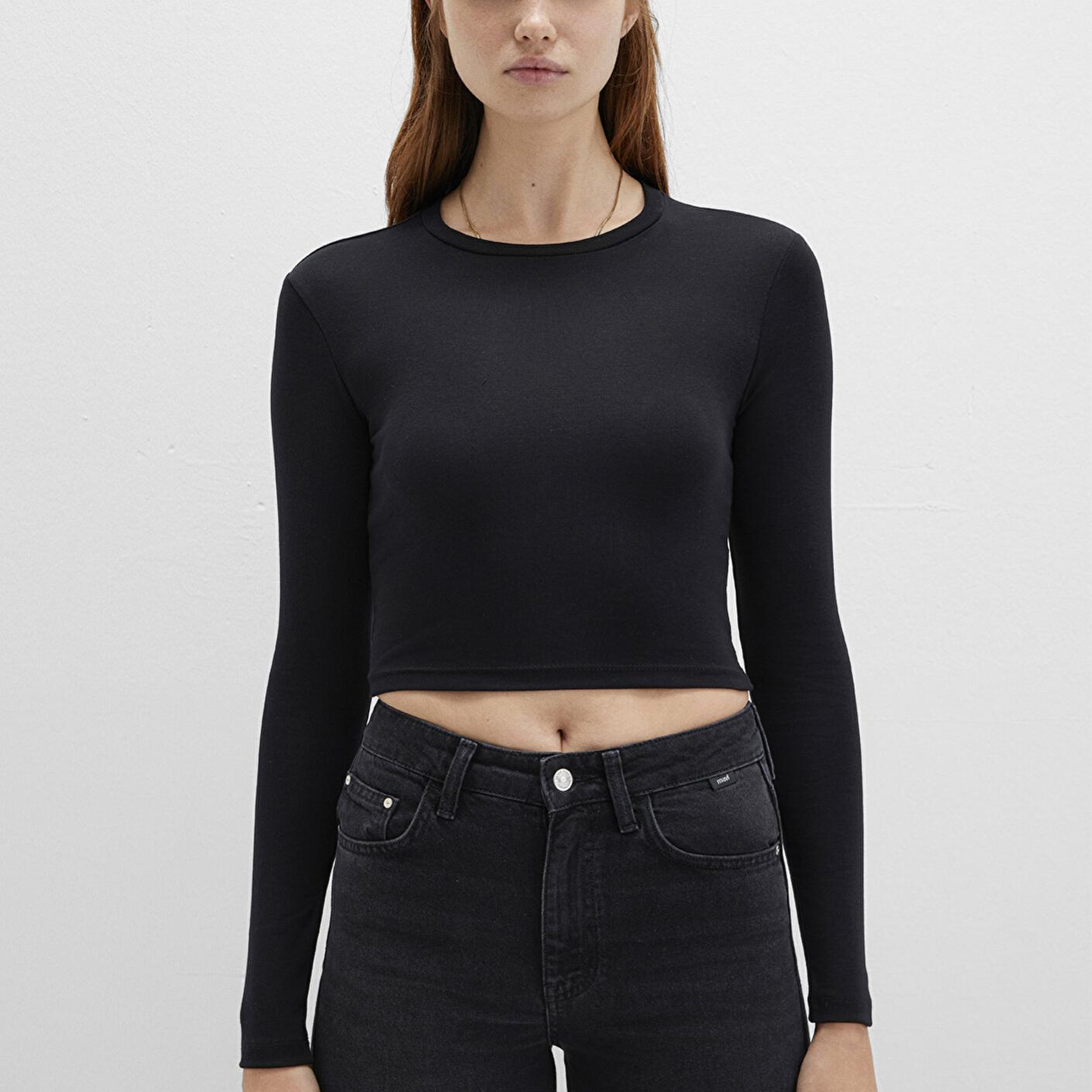 Mavi Uzun Kollu Siyah Crop Basic Tişört Crop / Kısa Kesim 1612822-900