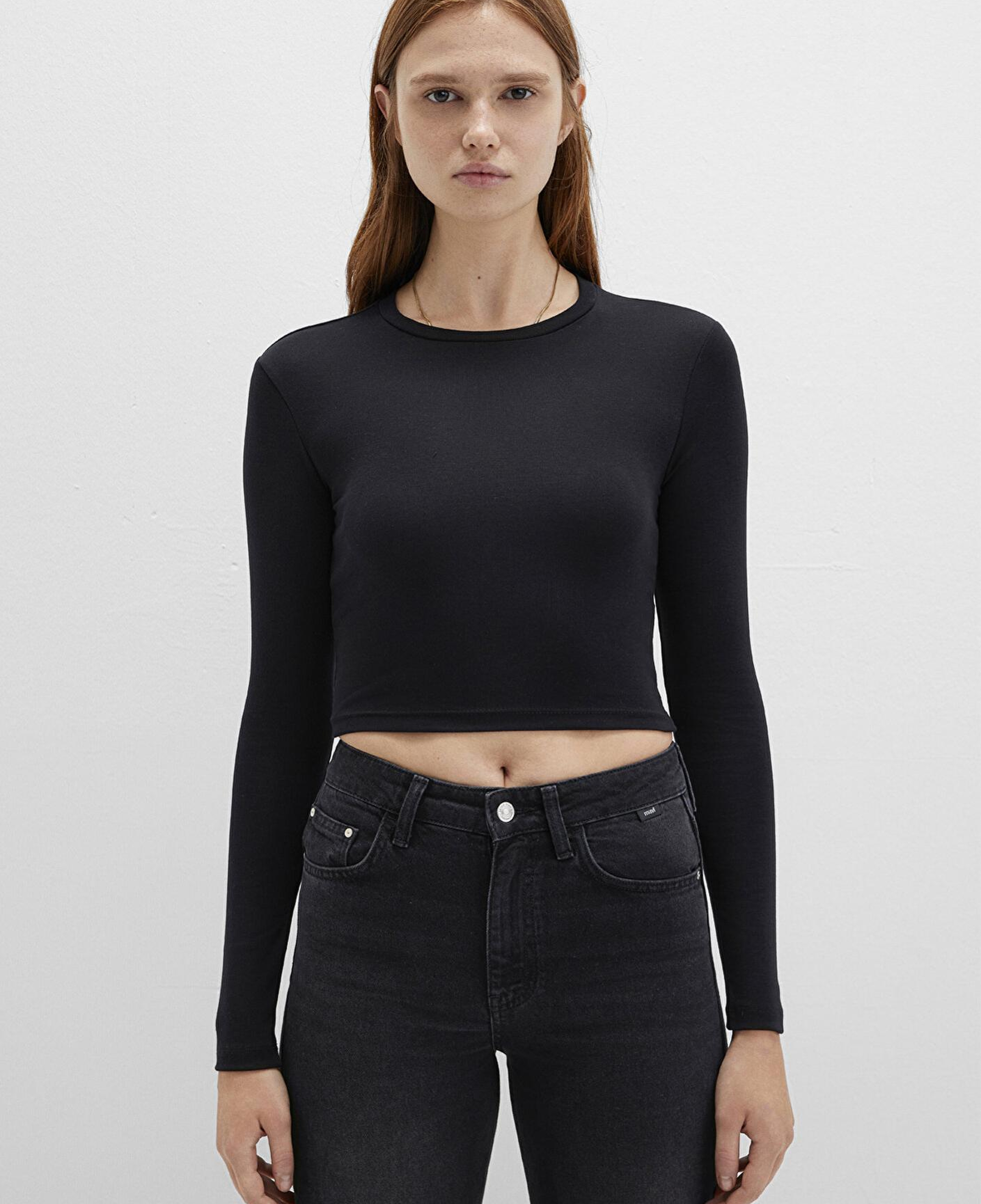 Mavi Uzun Kollu Siyah Crop Basic Tişört Crop / Kısa Kesim 1612822-900