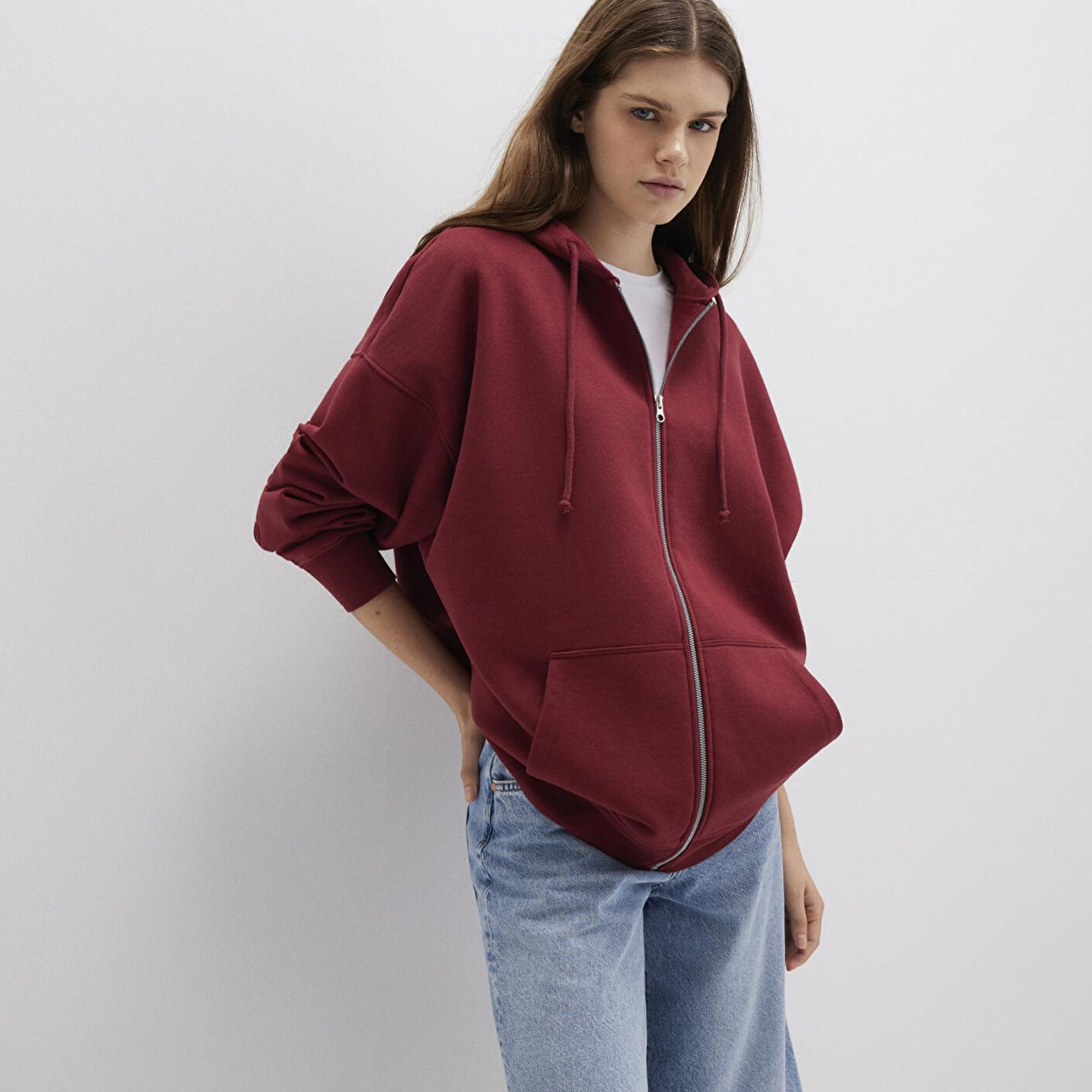 Mavi Kapüşonlu Fermuarlı Bordo Sweatshirt 1610221-85493