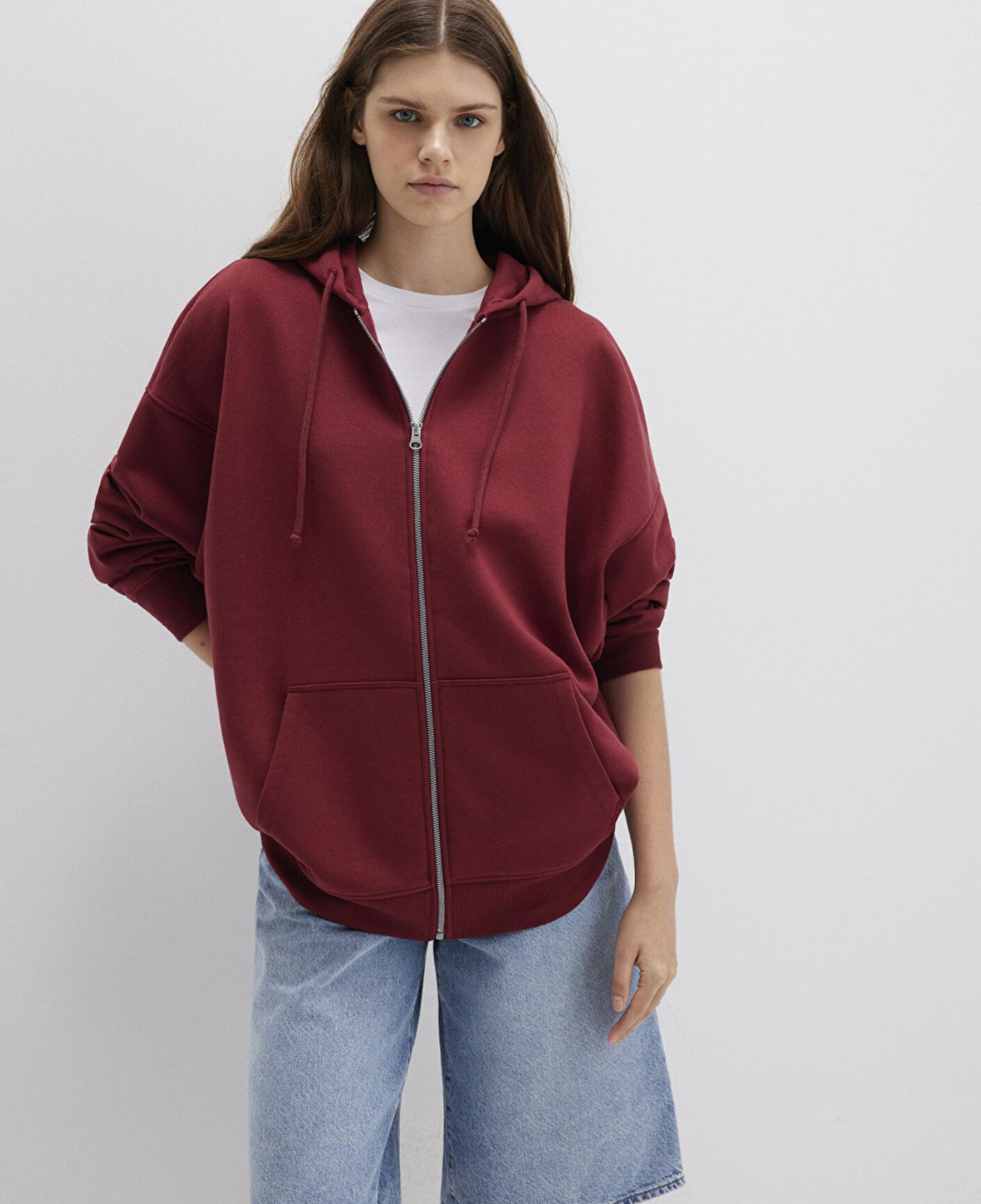 Mavi Kapüşonlu Fermuarlı Bordo Sweatshirt 1610221-85493