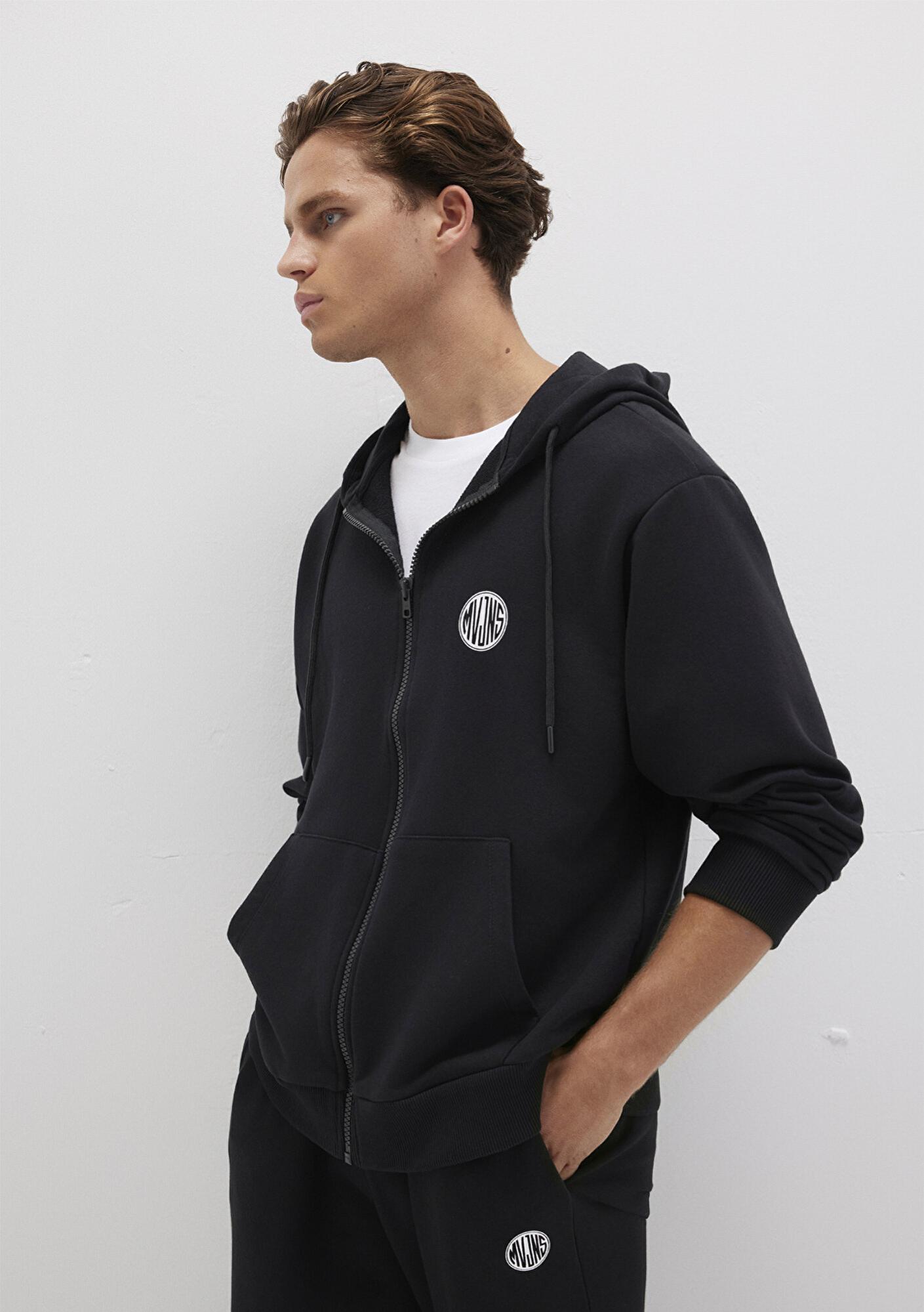 Mavi MVJNS Logo Baskılı Fermuarlı Kapüşonlu Siyah Sweatshirt 0S10193-900