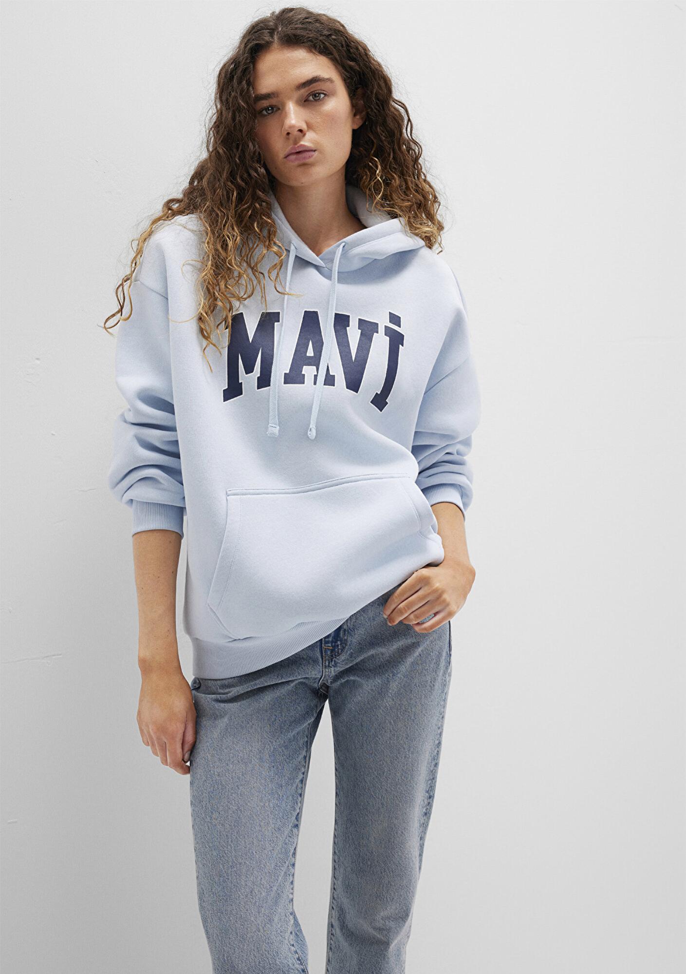 Mavi Mavi Logo Baskılı Kapüşonlu Mavi Sweatshirt 1600361-70717