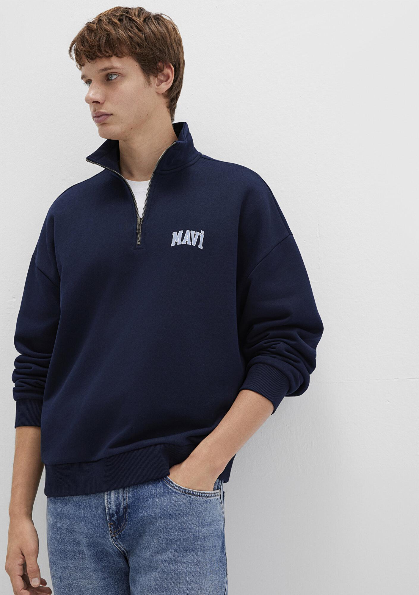 Mavi Mavi Logo Baskılı Yarı Fermuarlı Lacivert Sweatshirt 0S10208-70497