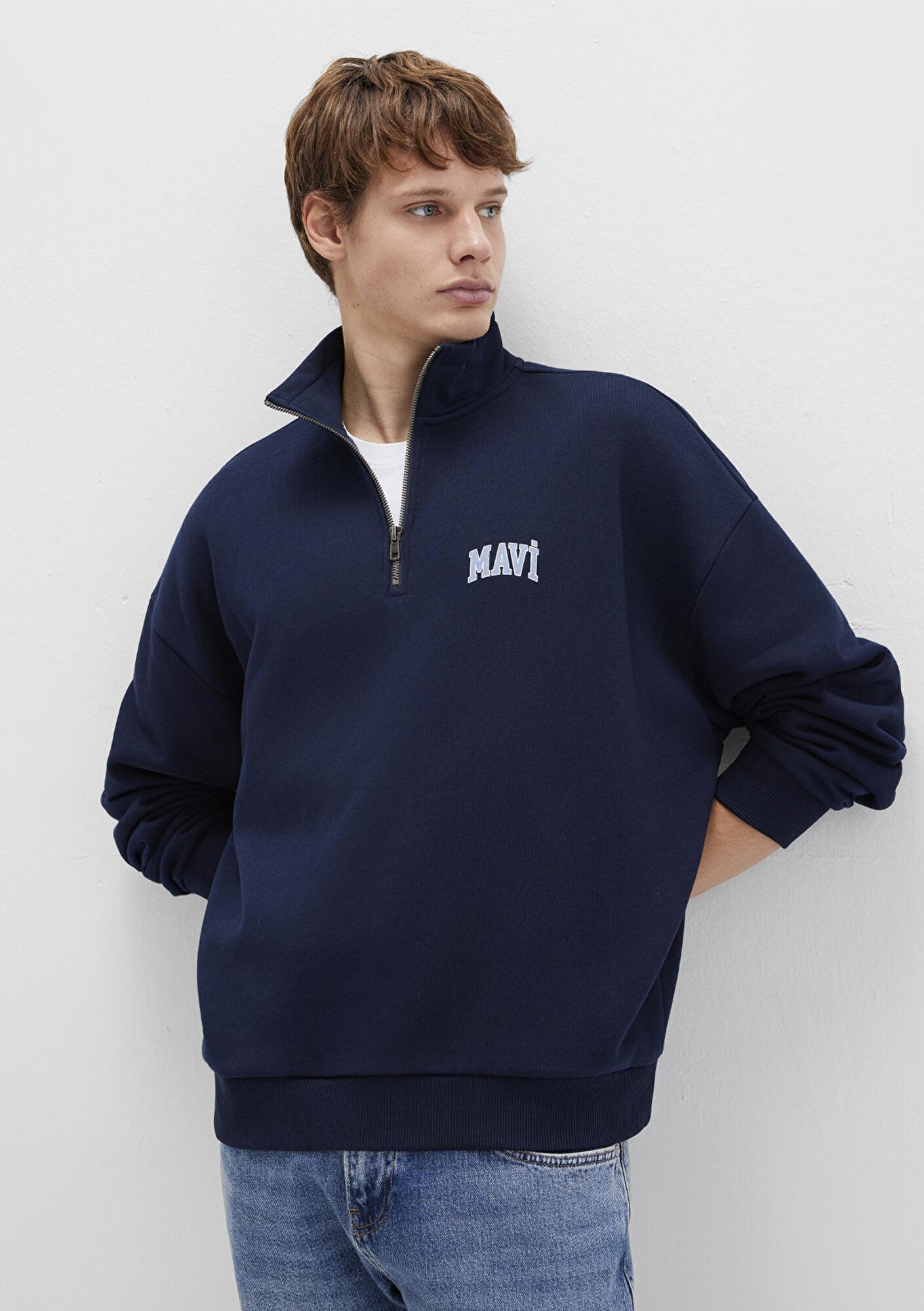 Mavi Mavi Logo Baskılı Yarı Fermuarlı Lacivert Sweatshirt 0S10208-70497