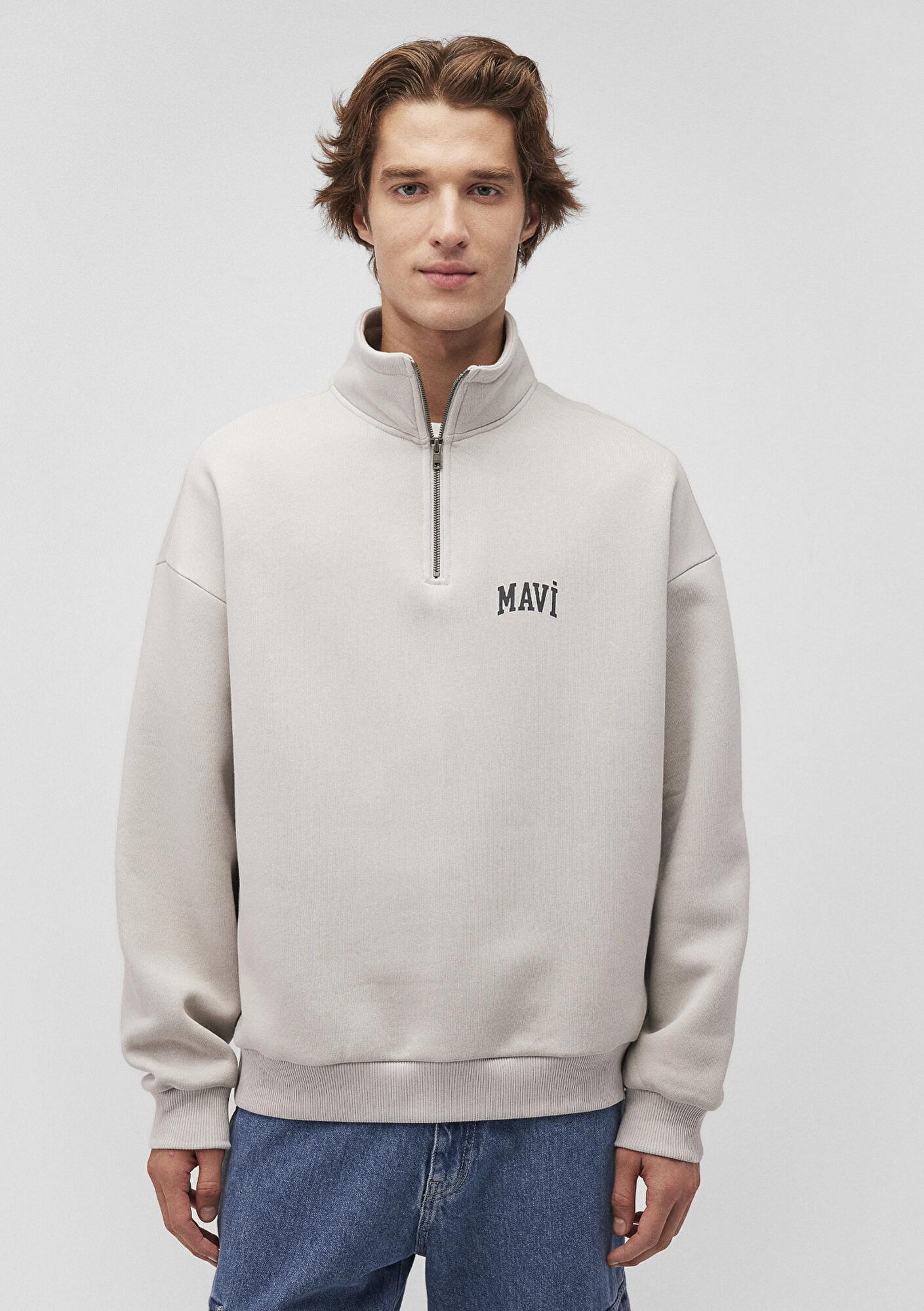 Mavi Mavi Logo Baskılı Yarı Fermuarlı Gri Sweatshirt 0S10208-70074