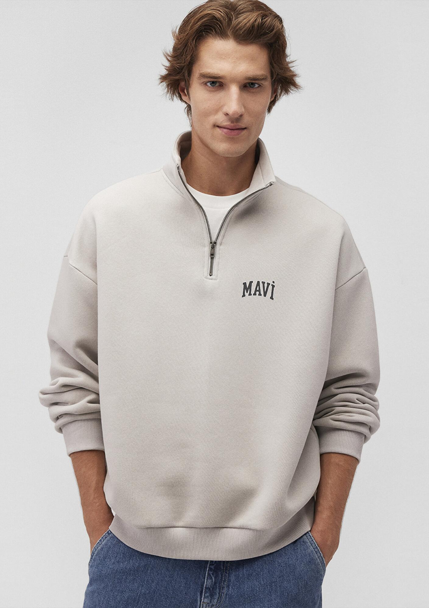 Mavi Mavi Logo Baskılı Yarı Fermuarlı Gri Sweatshirt 0S10208-70074
