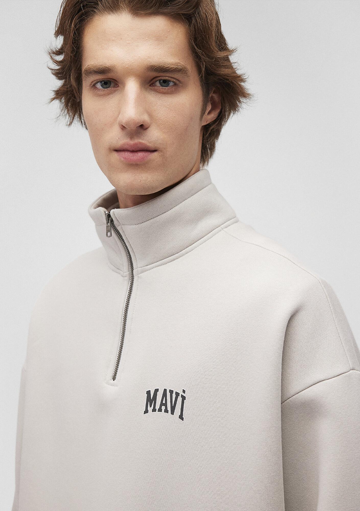 Mavi Mavi Logo Baskılı Yarı Fermuarlı Gri Sweatshirt 0S10208-70074