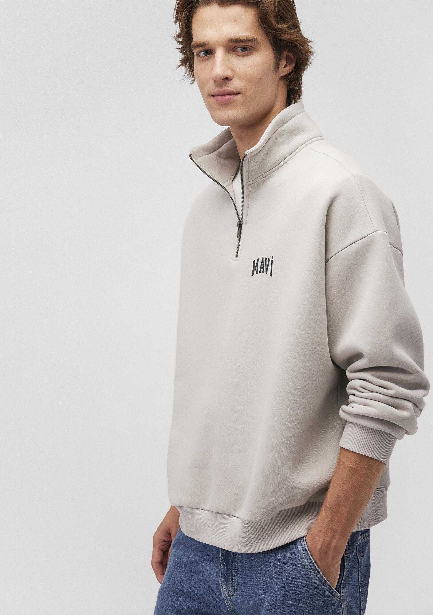 Mavi Mavi Logo Baskılı Yarı Fermuarlı Gri Sweatshirt 0S10208-70074
