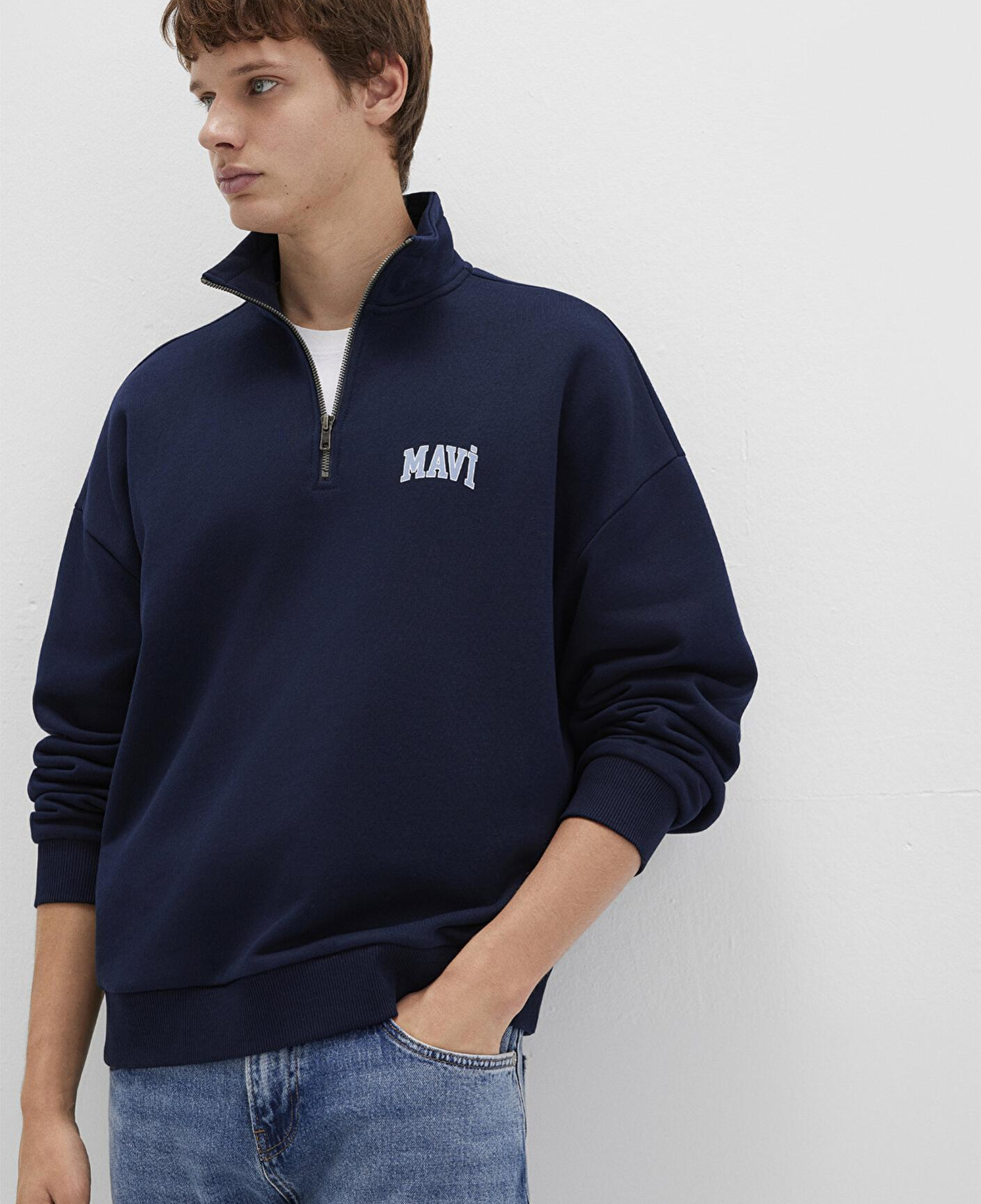 Mavi Mavi Logo Baskılı Yarı Fermuarlı Lacivert Sweatshirt 0S10208-70497