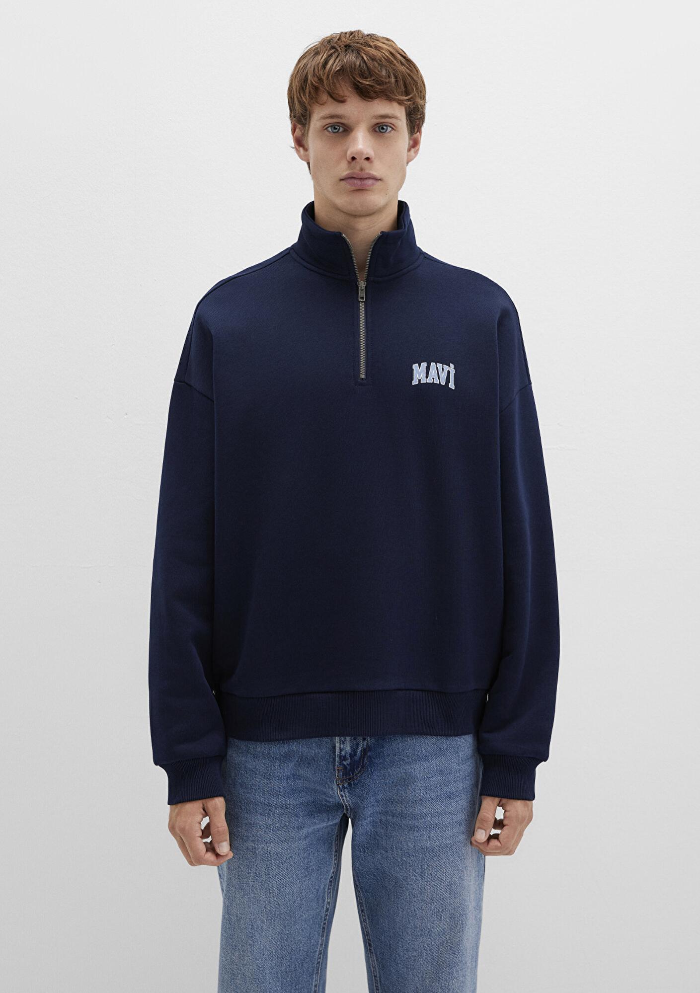 Mavi Mavi Logo Baskılı Yarı Fermuarlı Lacivert Sweatshirt 0S10208-70497