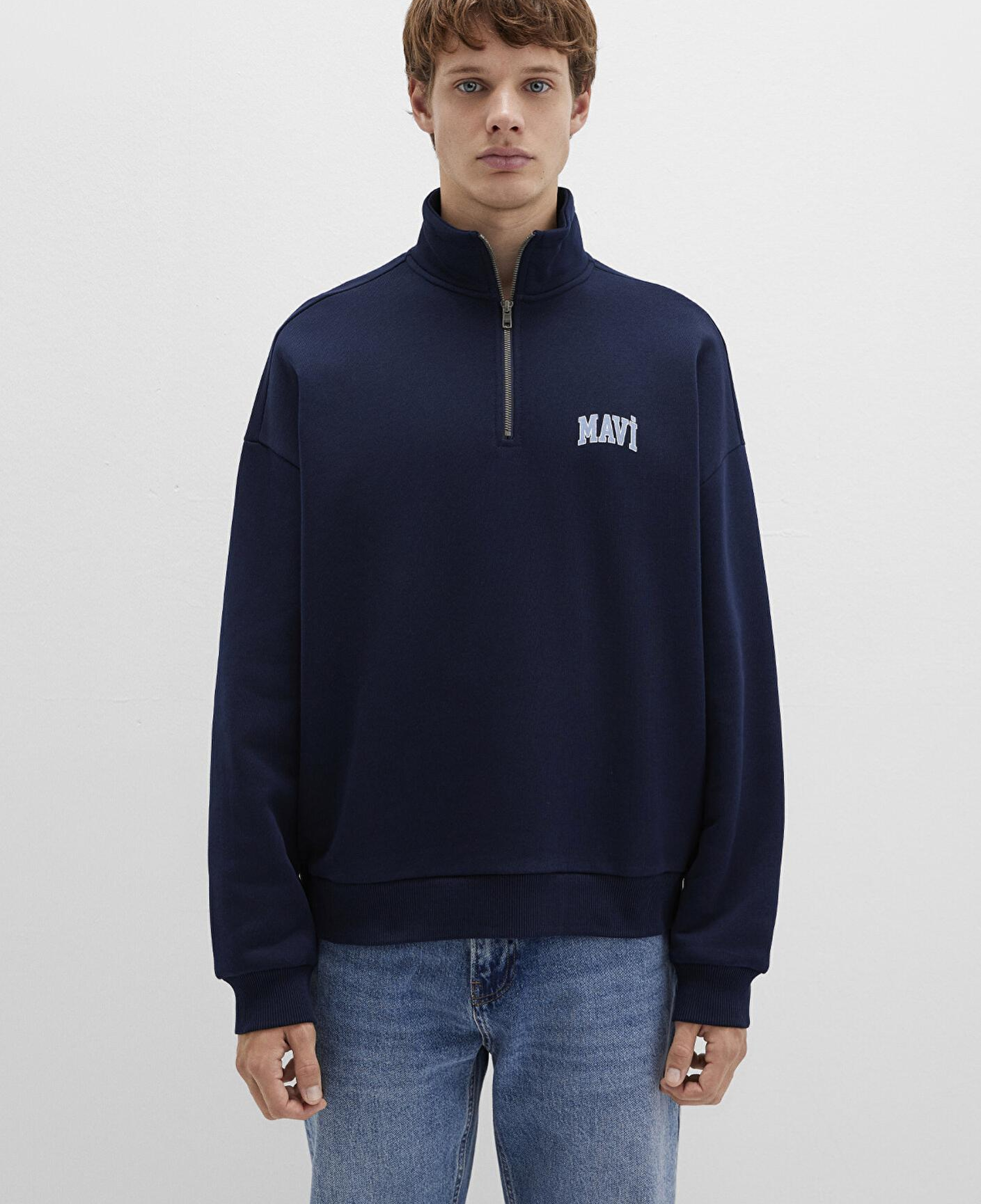 Mavi Mavi Logo Baskılı Yarı Fermuarlı Lacivert Sweatshirt 0S10208-70497