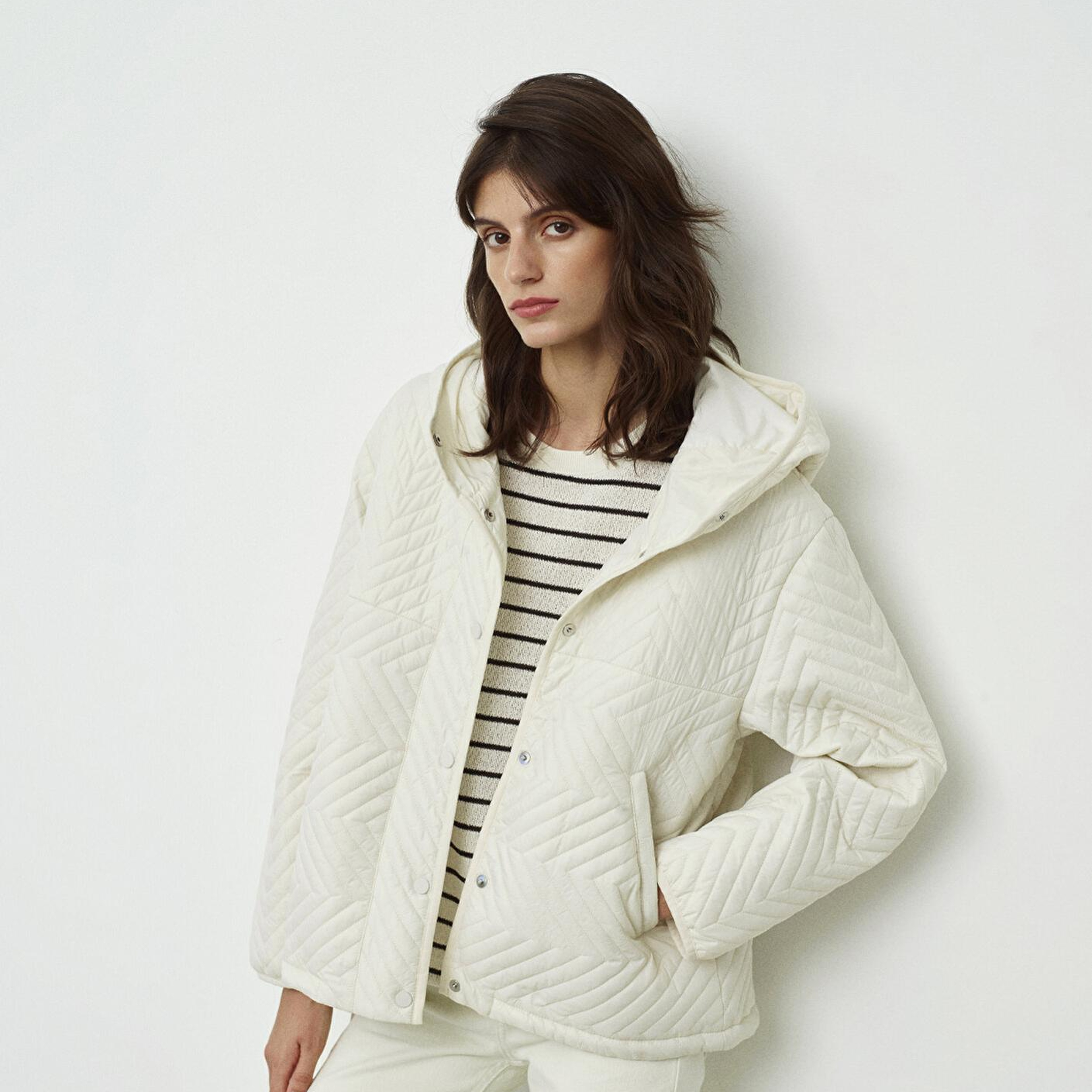 Mavi Kapüşonlu Kapitone Ekru Ceket Loose Fit / Bol Rahat Kesim 1110460-71609