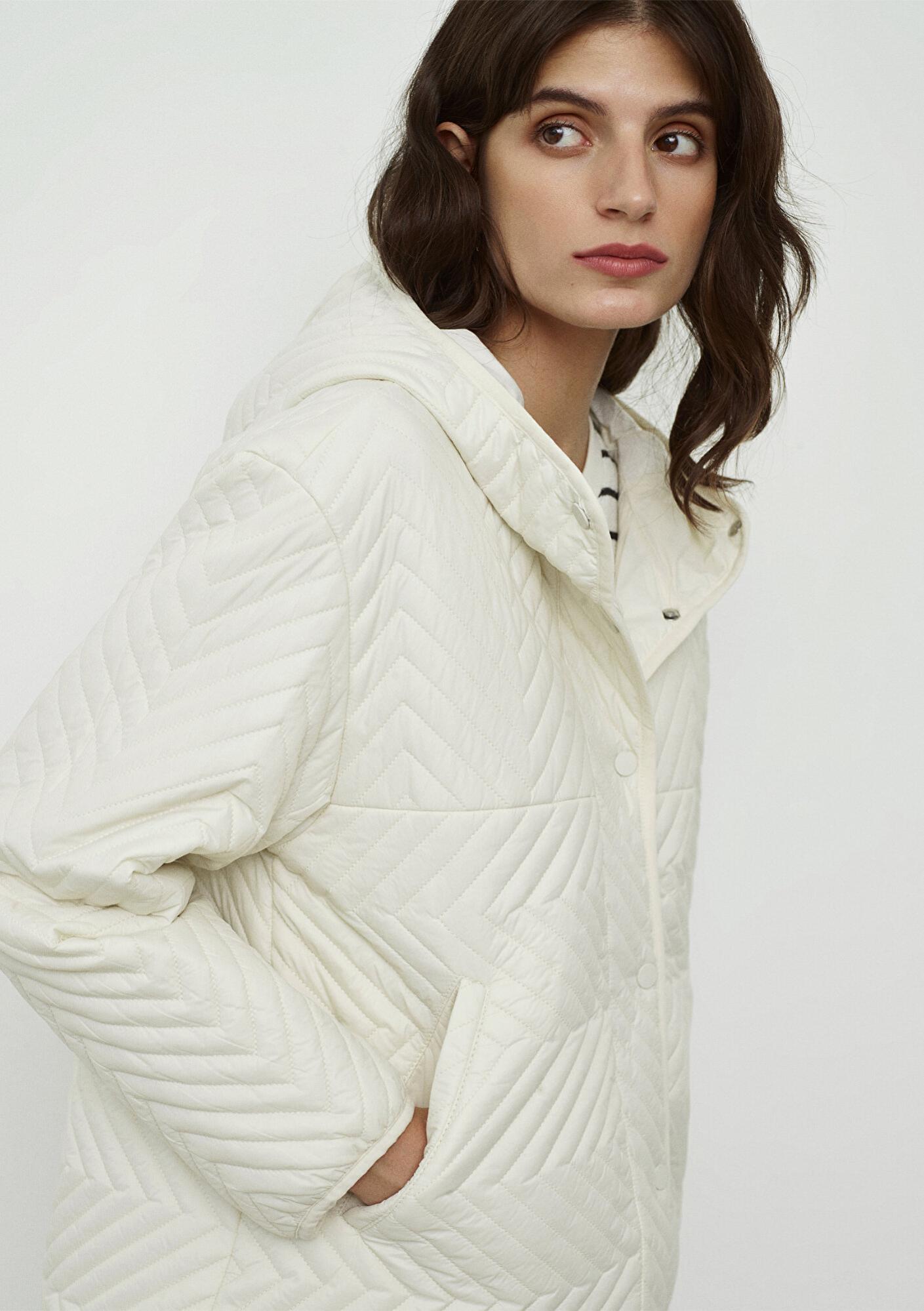 Mavi Kapüşonlu Kapitone Ekru Ceket Loose Fit / Bol Rahat Kesim 1110460-71609